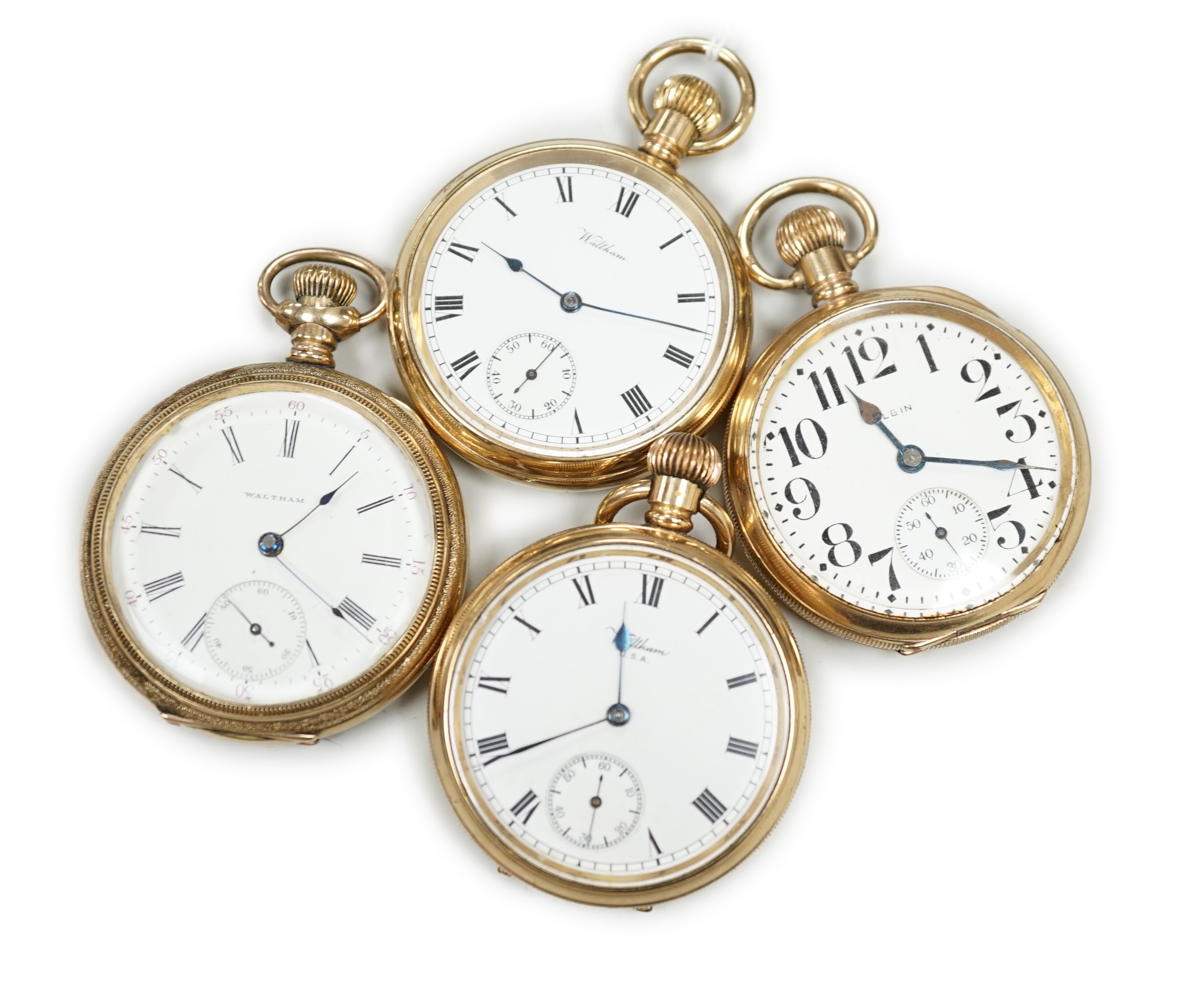 Three assorted gold plated Waltham open faced pocket watches and a similar Elgin pocket watch.                                                                                                                              