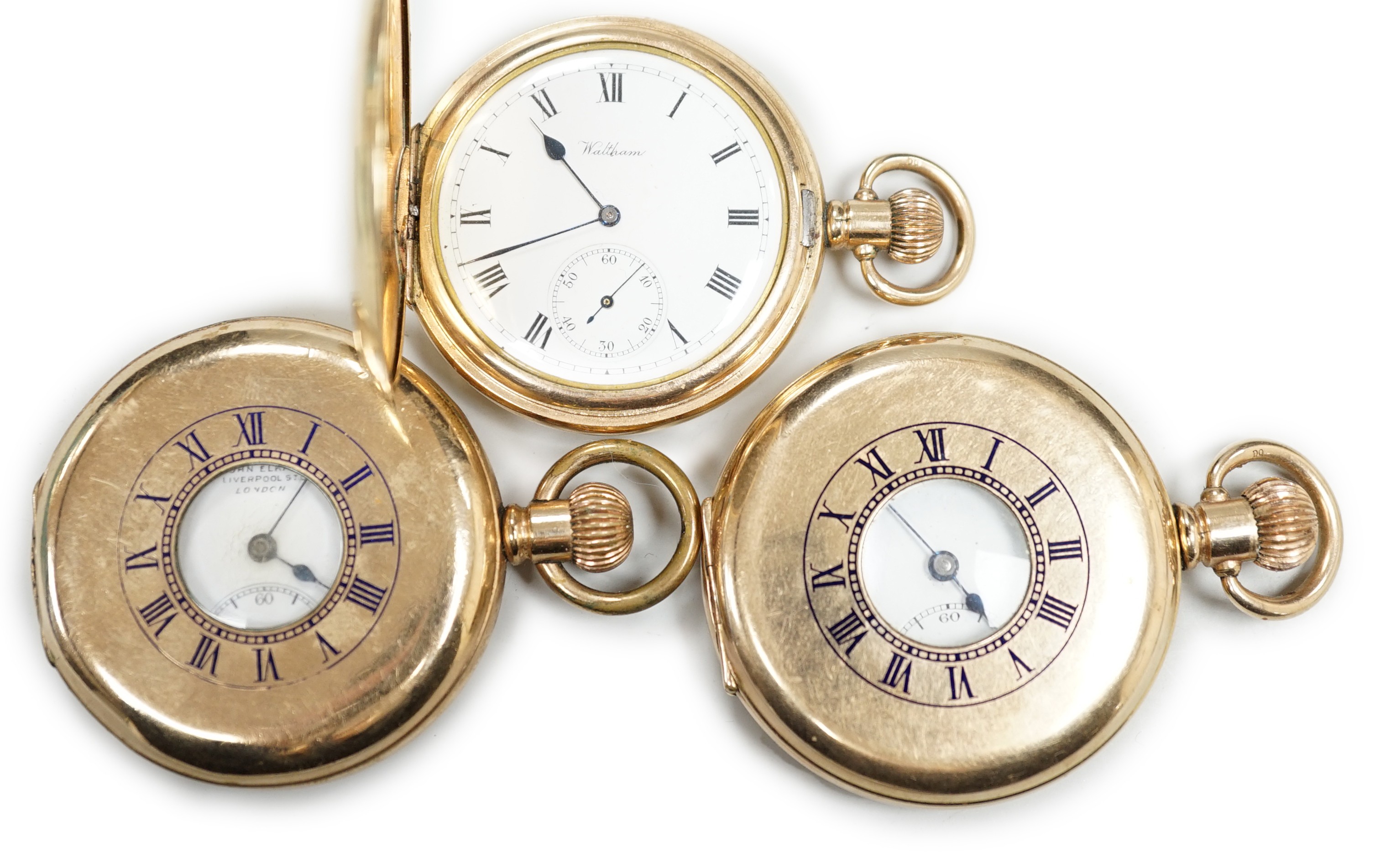 A gold plated Waltham hunter keyless pocket watch and two gold plated half hunter pocket watches, John Elkin and Garrard.                                                                                                   