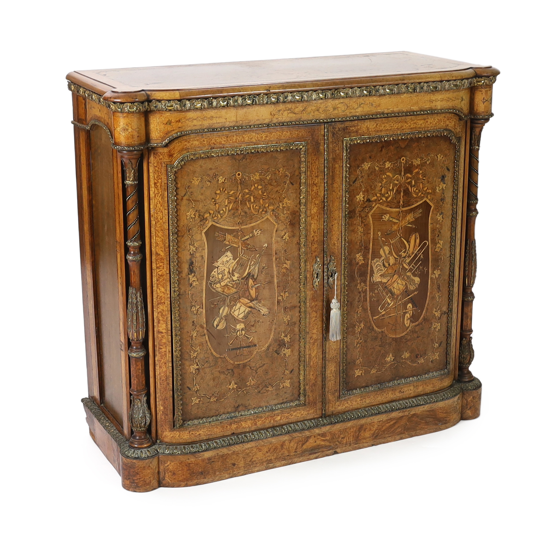 A Victorian marquetry inlaid burr walnut side cabinet 112cm wide, 48cm deep, 104cm high                                                                                                                                     