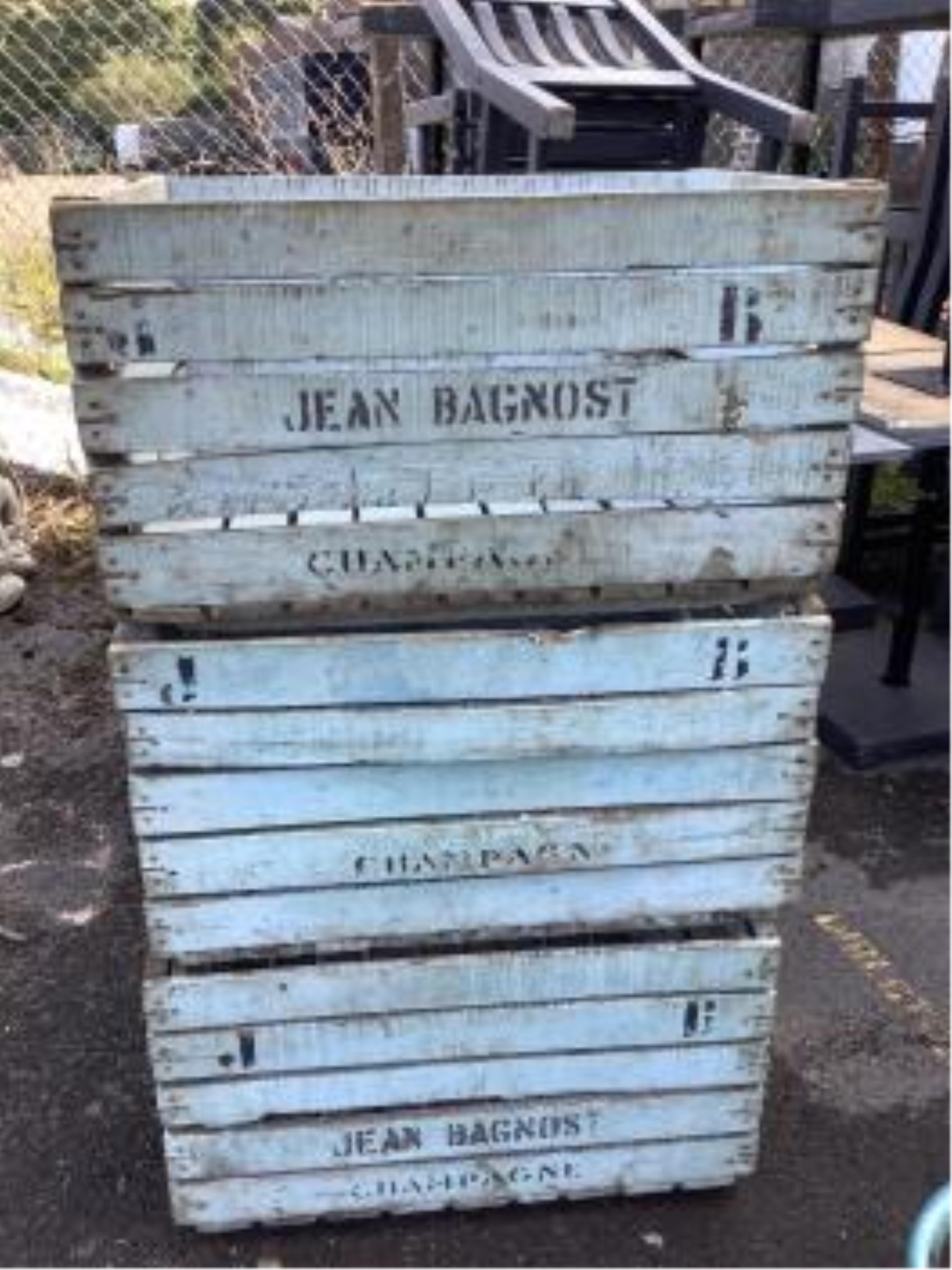 Three vintage painted wood champagne crates, width 69cm, height 39cm. Condition - weathered with some worming                                                                                                               