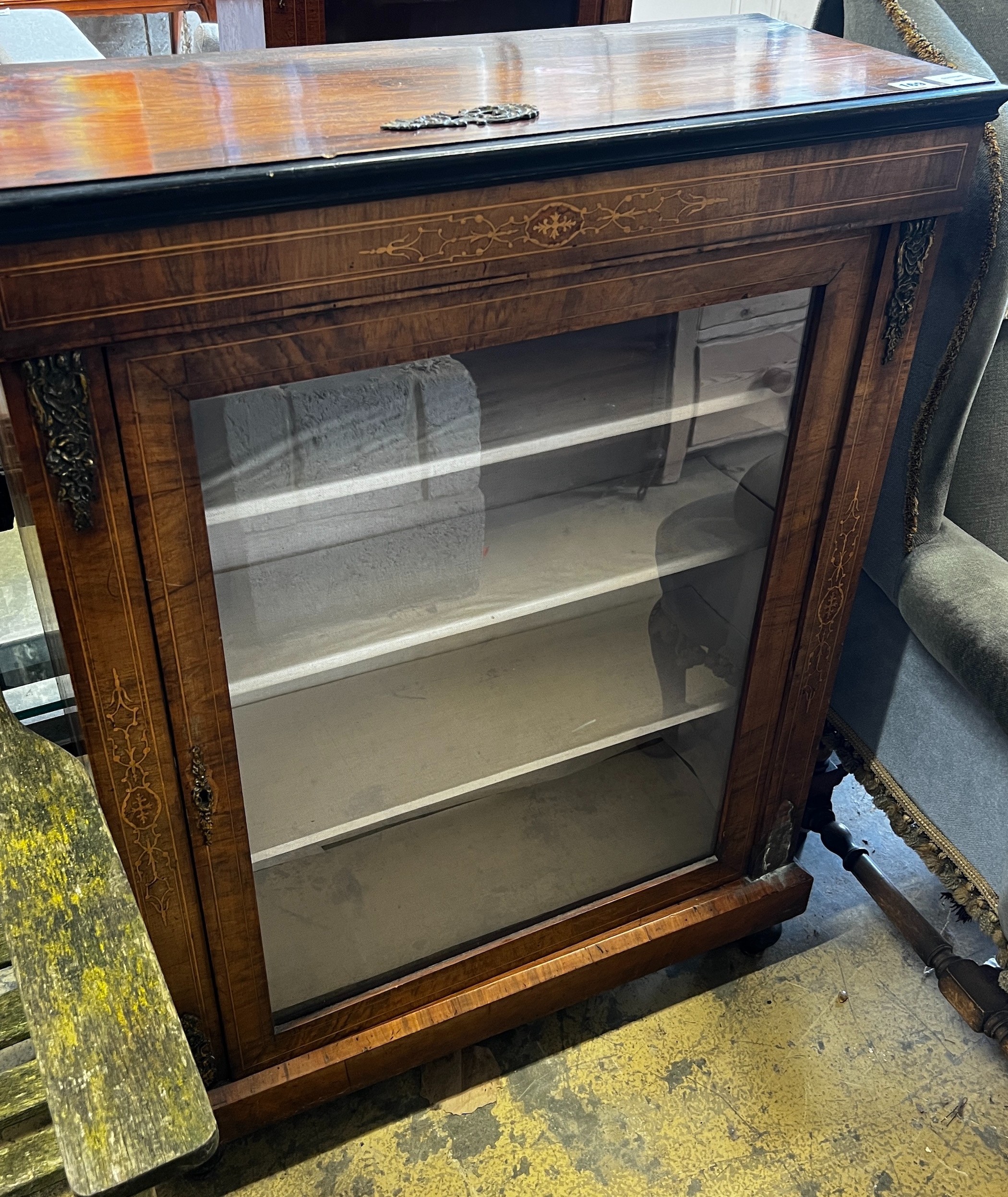 A small Victorian marquetry inlaid gilt metal mounted walnut pier cabinet, width 80cm, depth 32cm, height 107cm                                                                                                             
