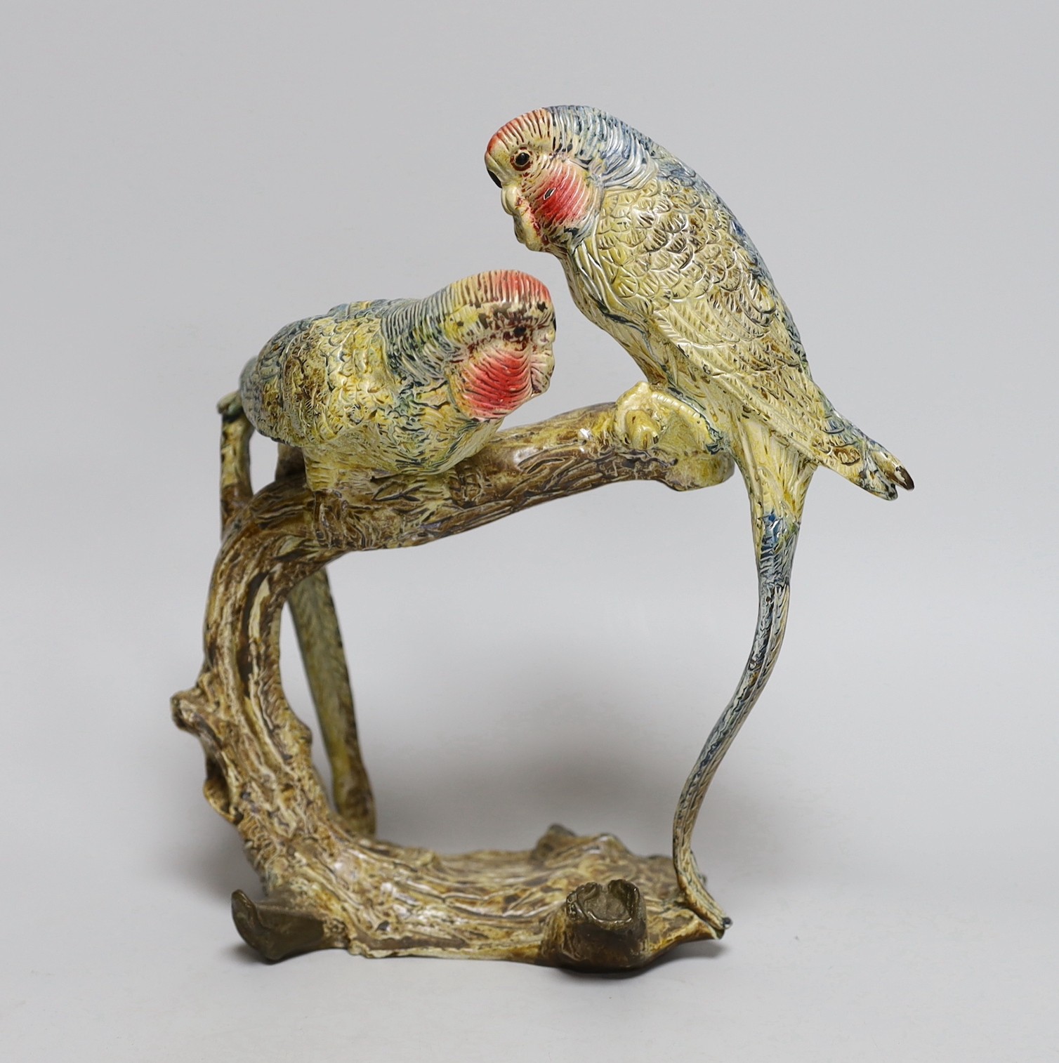 A Bergman style cold painted bronze budgerigar group, 25cm                                                                                                                                                                  