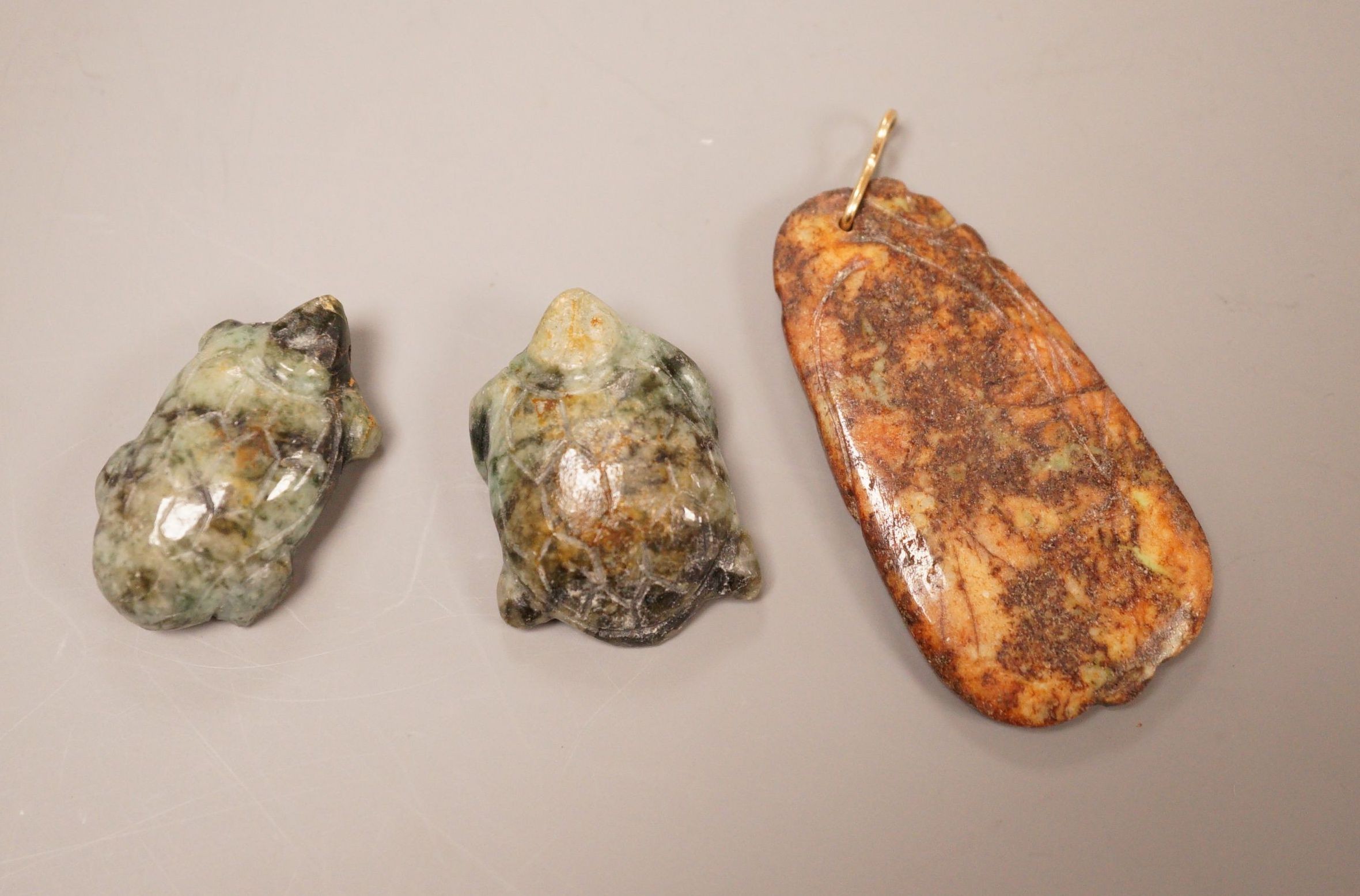 Two Chinese jade turtles and a brown jade cicada                                                                                                                                                                            