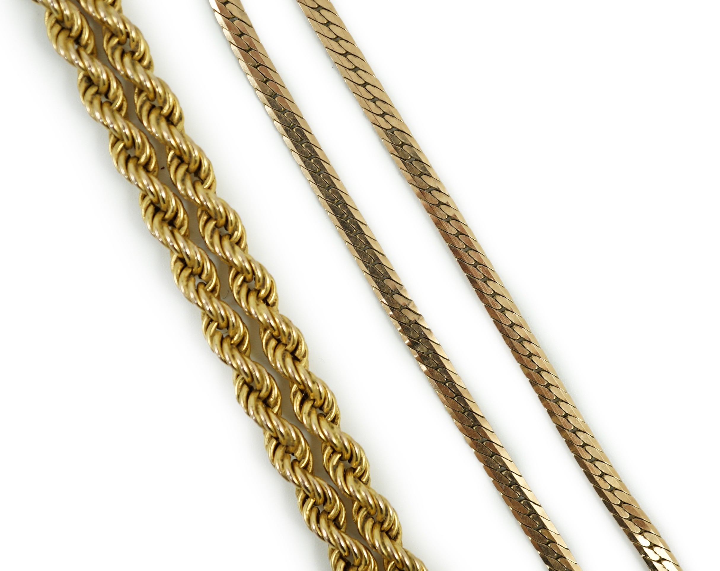 A modern 9k rope twist necklace, 50cm and a 9ct gold flat link necklace, 45cm, 18 grams.                                                                                                                                    