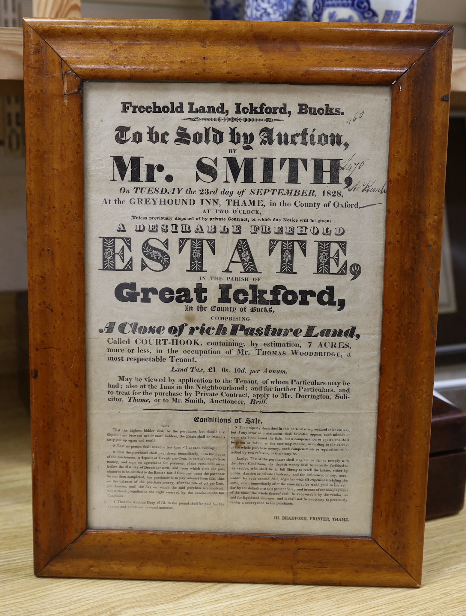 Mr. Smith, 1828, Auction Poster / Notice, maple framed, 24cm wide, 38cm high                                                                                                                                                