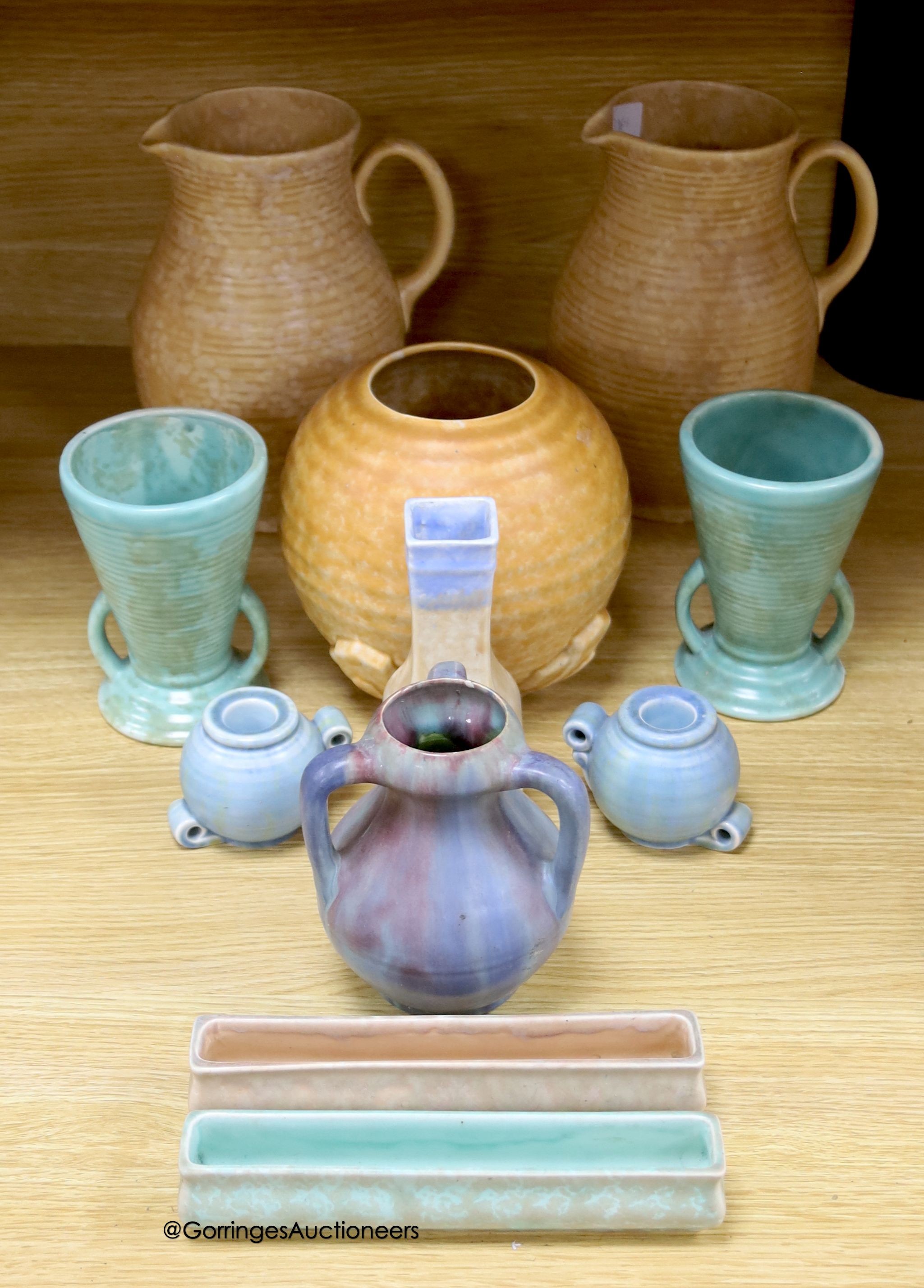 A quantity of Bretby style pottery, tallest 24cm                                                                                                                                                                            