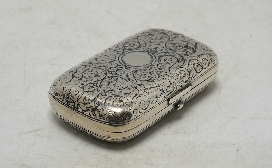 A late 19th century Russian 84 zolotnik and niello ovoid snuff box, Moscow, 1879, 96mm, gross 104 grams. Condition - poor to fair                                                                                           