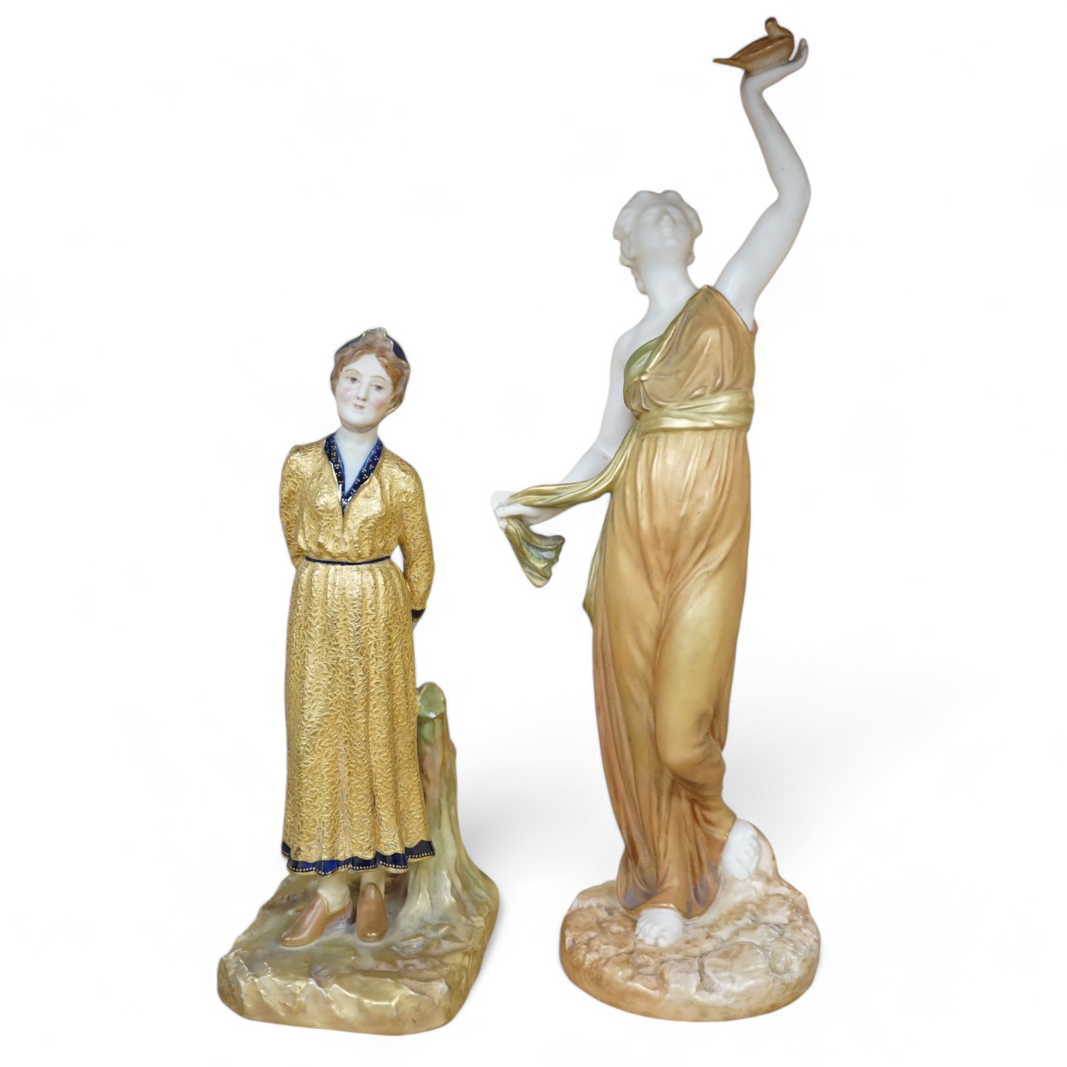 Two Royal Worcester partially gilt figurines including 2214, largest 16cm high. Condition - good                                                                                                                            