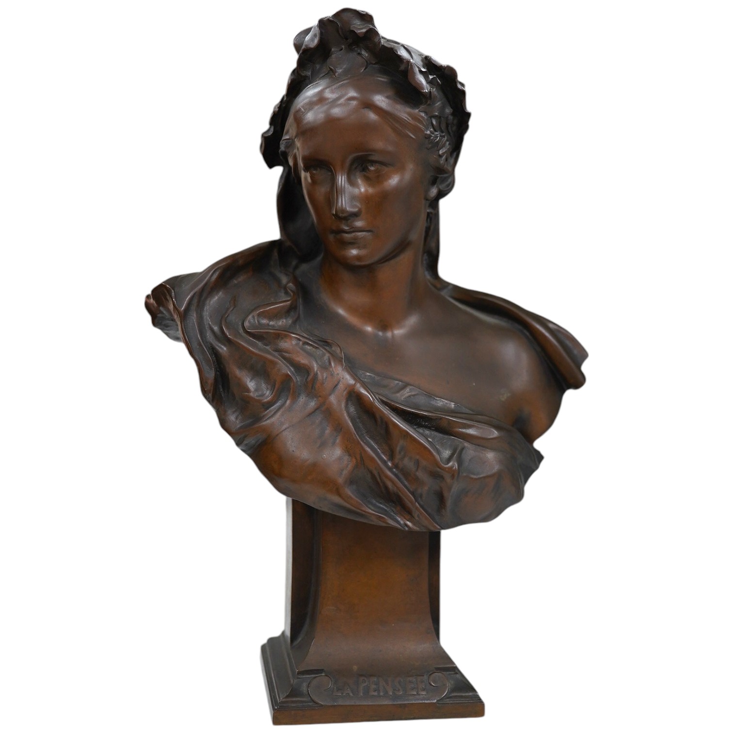 After Gustave Michel (French, 1851-1924), an Art Nouveau bronze bust, ‘La Pensee’, 32cm high. Condition - good                                                                                                              