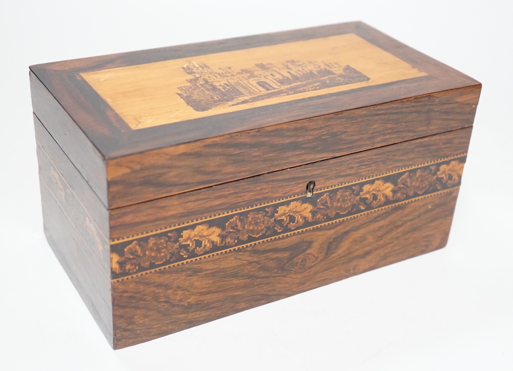 A 19th century Tunbridge ware rosewood tea caddy, 22cm wide                                                                                                                                                                 