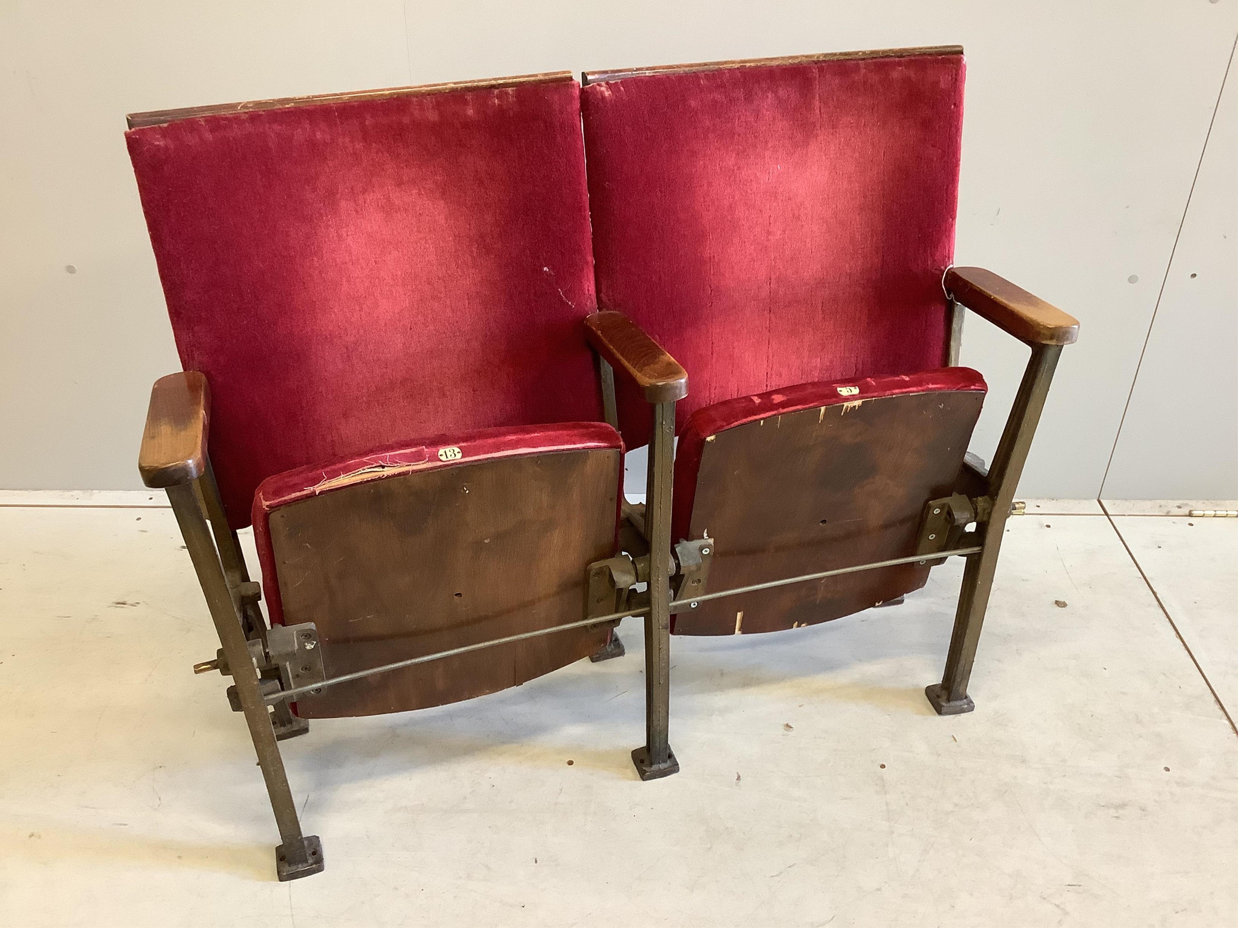 A vintage cinema double seat, width 106cm, height 87cm. Condition - fair                                                                                                                                                    