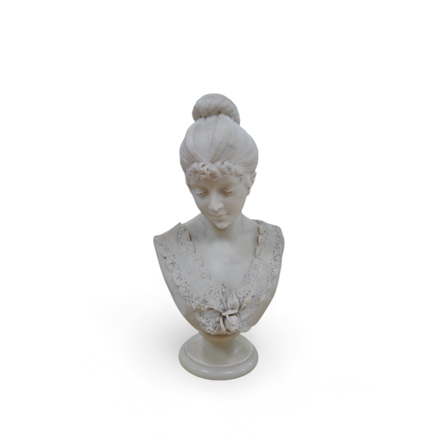 After Rafaello Battelli (Italian), a white marble bust of a lady, 54cm high. Condition - fair to good                                                                                                                       