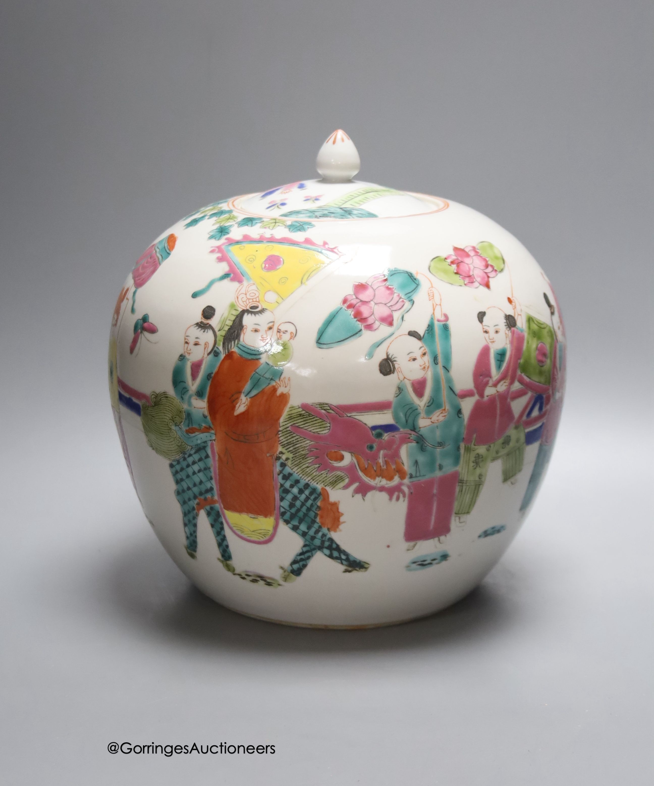 A Chinese famille rose jar and cover, height 24cm                                                                                                                                                                           