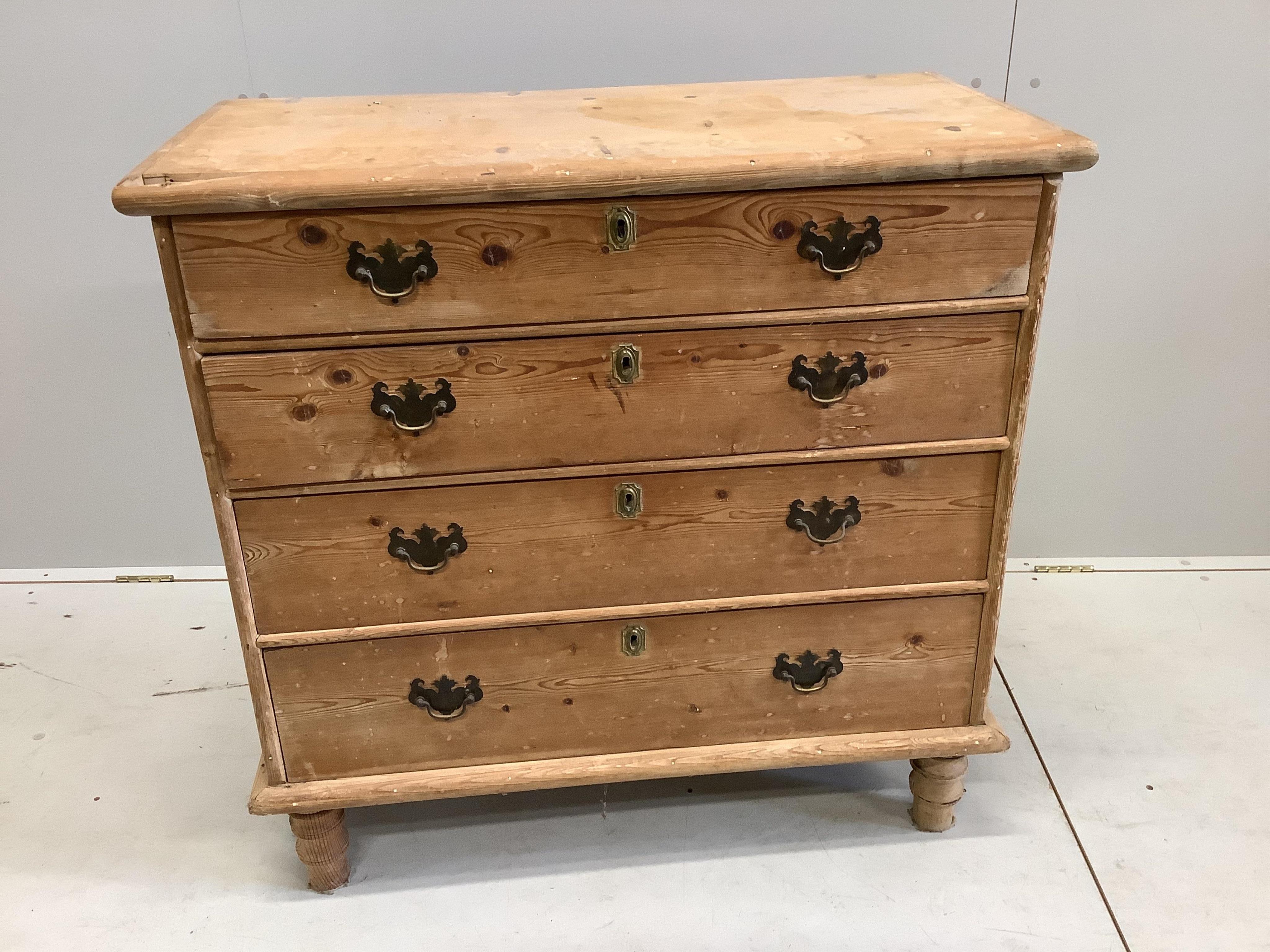 A Victorian pine four drawer chest, width 96cm, depth 46cm, height 95cm. Condition - poor to fair                                                                                                                           