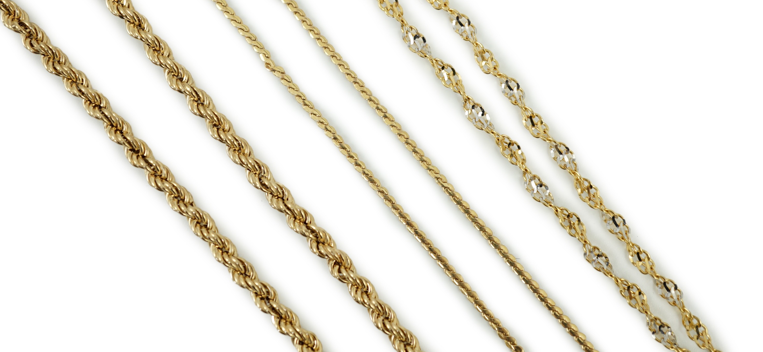 Four assorted modern 9ct gold chains, including rope twist, 39cm, 12.7 grams.                                                                                                                                               