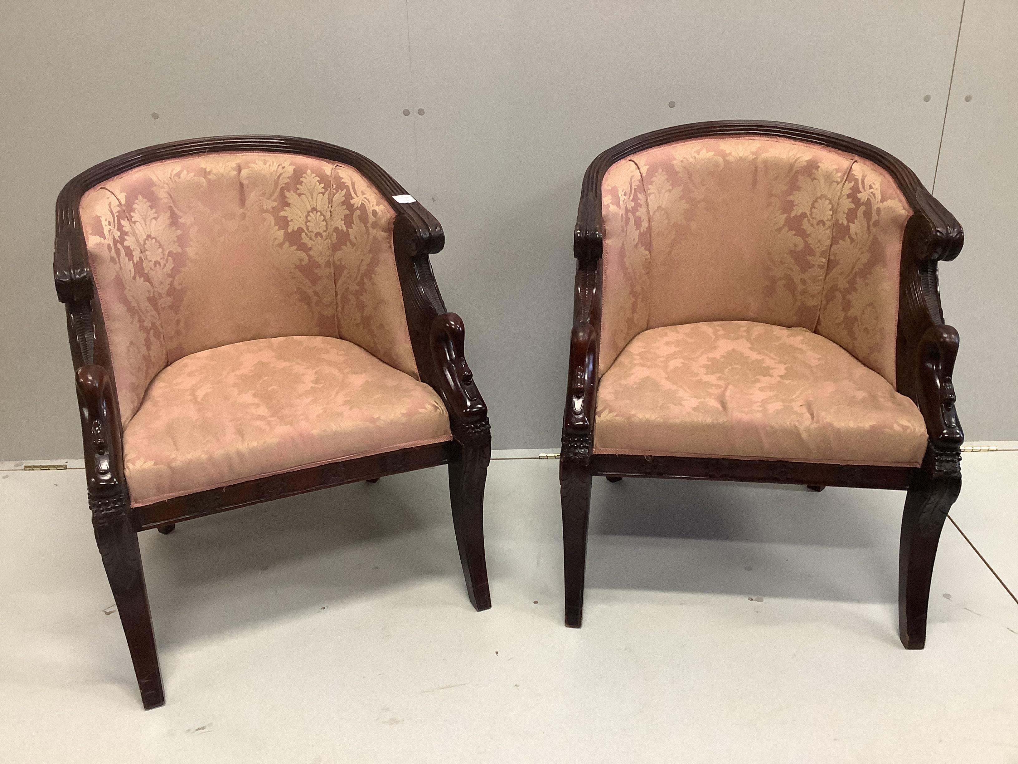 A pair of reproduction Empire style mahogany tub framed chairs, width 68cm, depth 54cm, height 86cm                                                                                                                         
