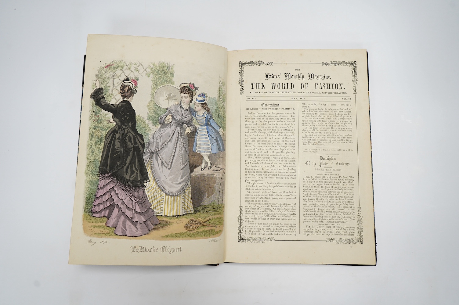 Fashion Plates - The Ladies Monthly Magazine - The World of Fashion - Le Monde Elegant, a collection of 49 hand-coloured steel engraved fashion plates, with text in two columns, 4to, half calf, London, 1875-79.          