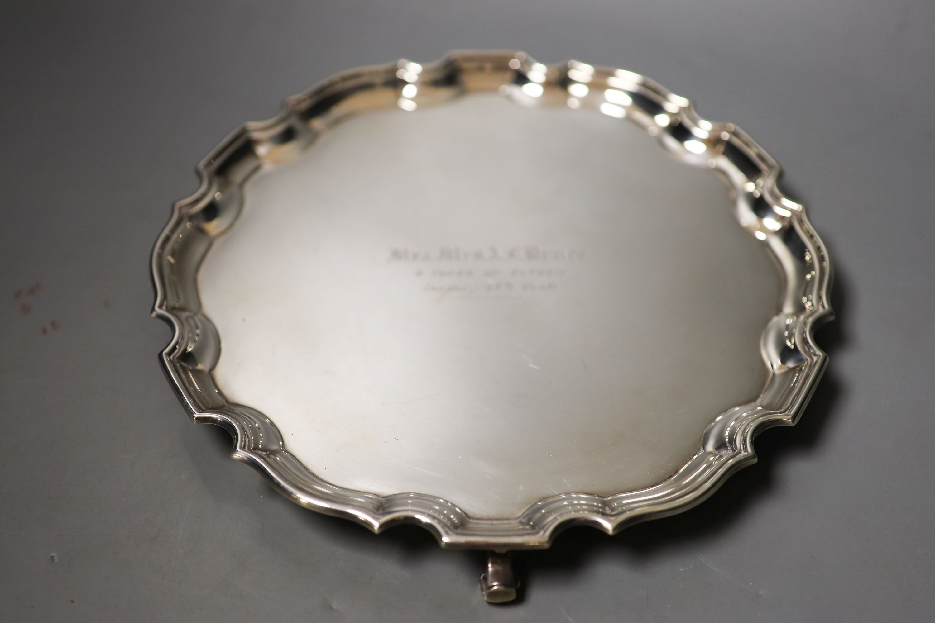 A George VI silver salver , with engraved inscription, Adie Bros. Birmingham, 1938, 25.4cm, 21oz.                                                                                                                           