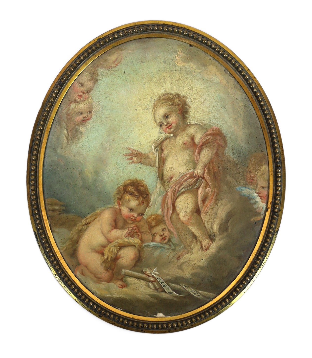 After Francois Boucher (French, 1703-1770), Celestial scene - The infant Jesus blessing St. John the Baptist, with a banner - ‘’Ecce Angus Dei’’ [Behold the Lamb of God], oil on canvas laid down, 21 x 17cm, framed to the