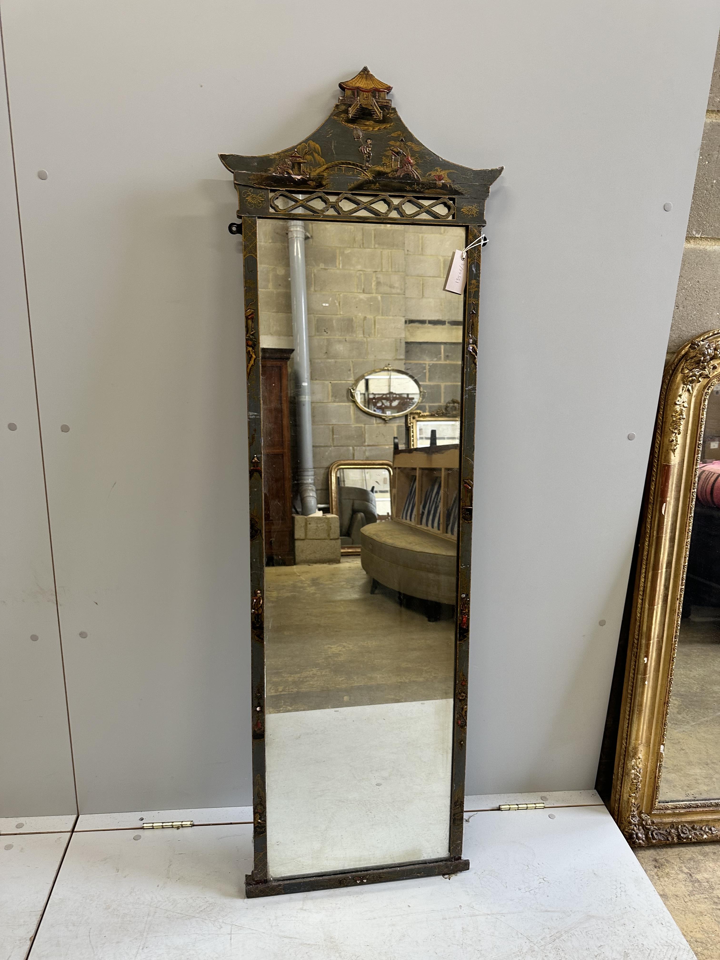 An early 20th century chinoiserie lacquer robing mirror, width 50cm, height 153cm                                                                                                                                           