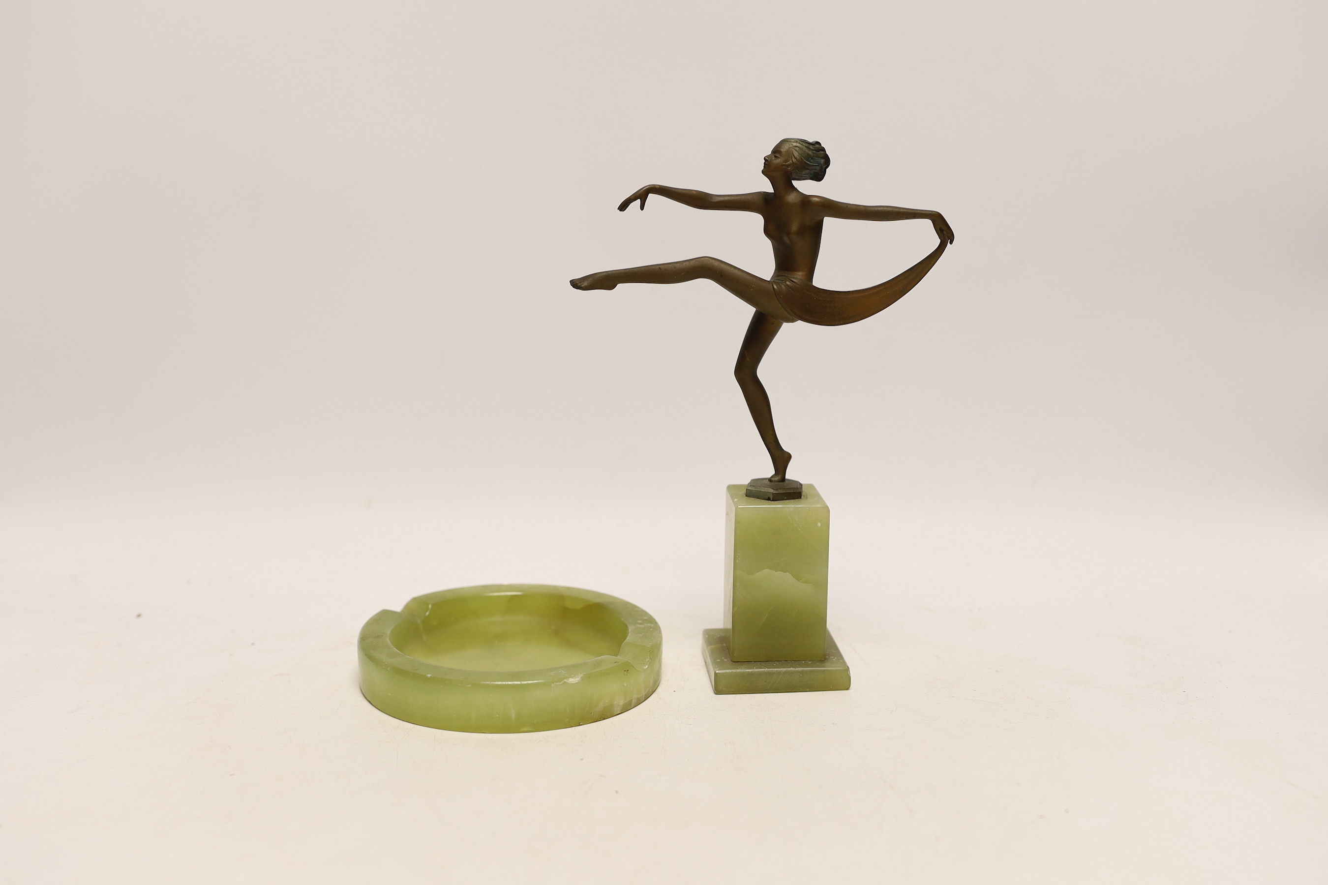 Josef Lorenzl (Austrian 1892-1950), a small Art Deco bronze of a female dancer, marked to base ‘Lorenzl’, raised on a green onyx plinth, together with a green onyx ashtray (2), bronze dancer 21cm high x 14cm wide        