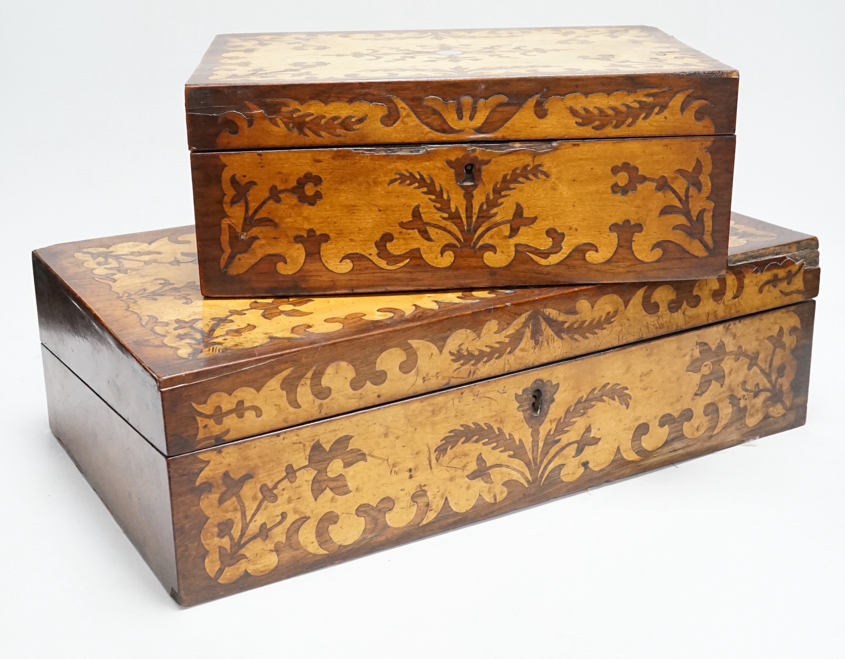 A Victorian maple and rosewood inlaid writing box, and matching workbox, 40cm wide                                                                                                                                          