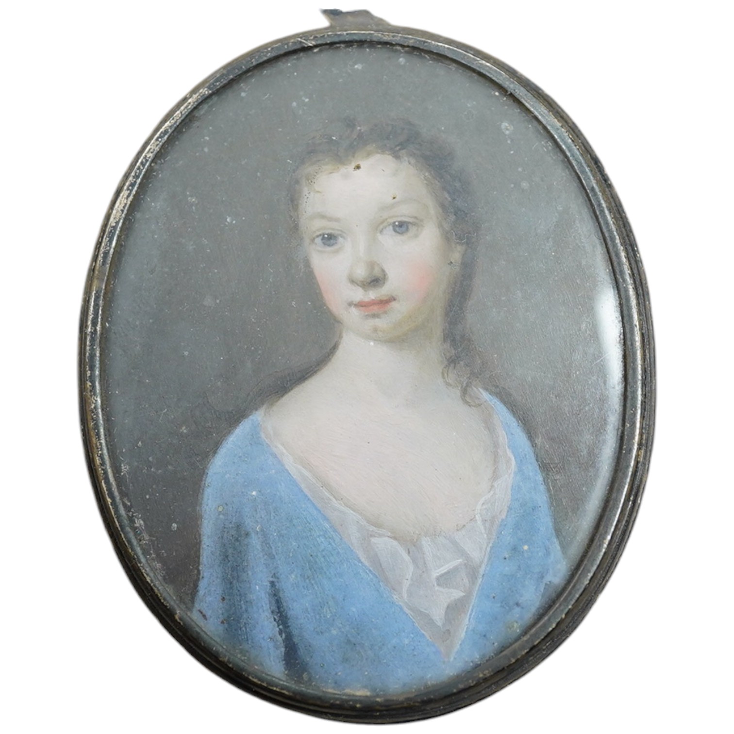 Manner of Christian Richter (Swedish 1678-1732), late 18th century oil on copper, Portrait miniature of a young woman, Ernest Salaman collection inscribed label verso, 6 x 5cm. Condition - fair                           