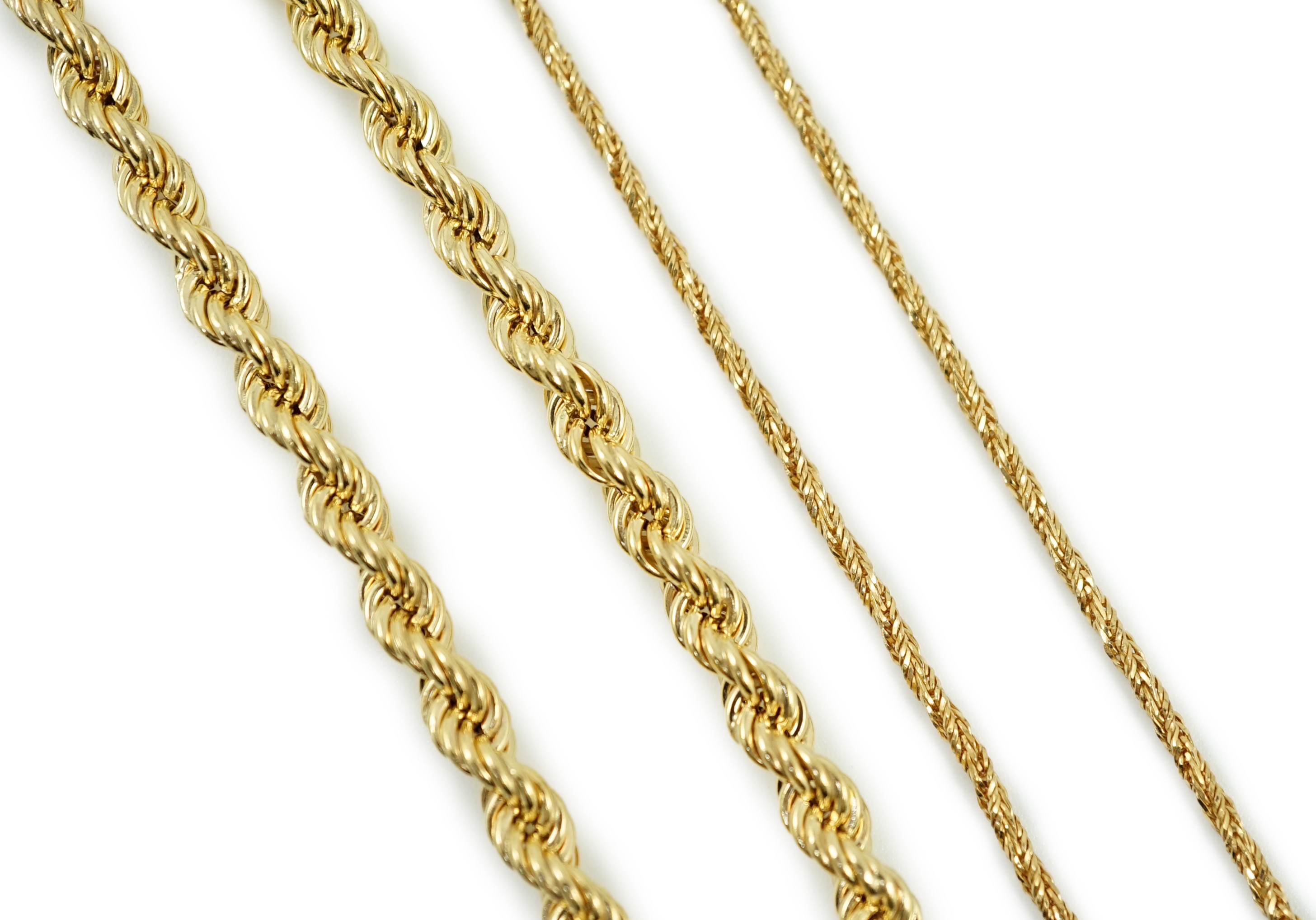 A 750 yellow metal chain, 39cm, 6.1 grams and a 9ct gold rope twist bracelet, 18cm, 3.3 grams.                                                                                                                              