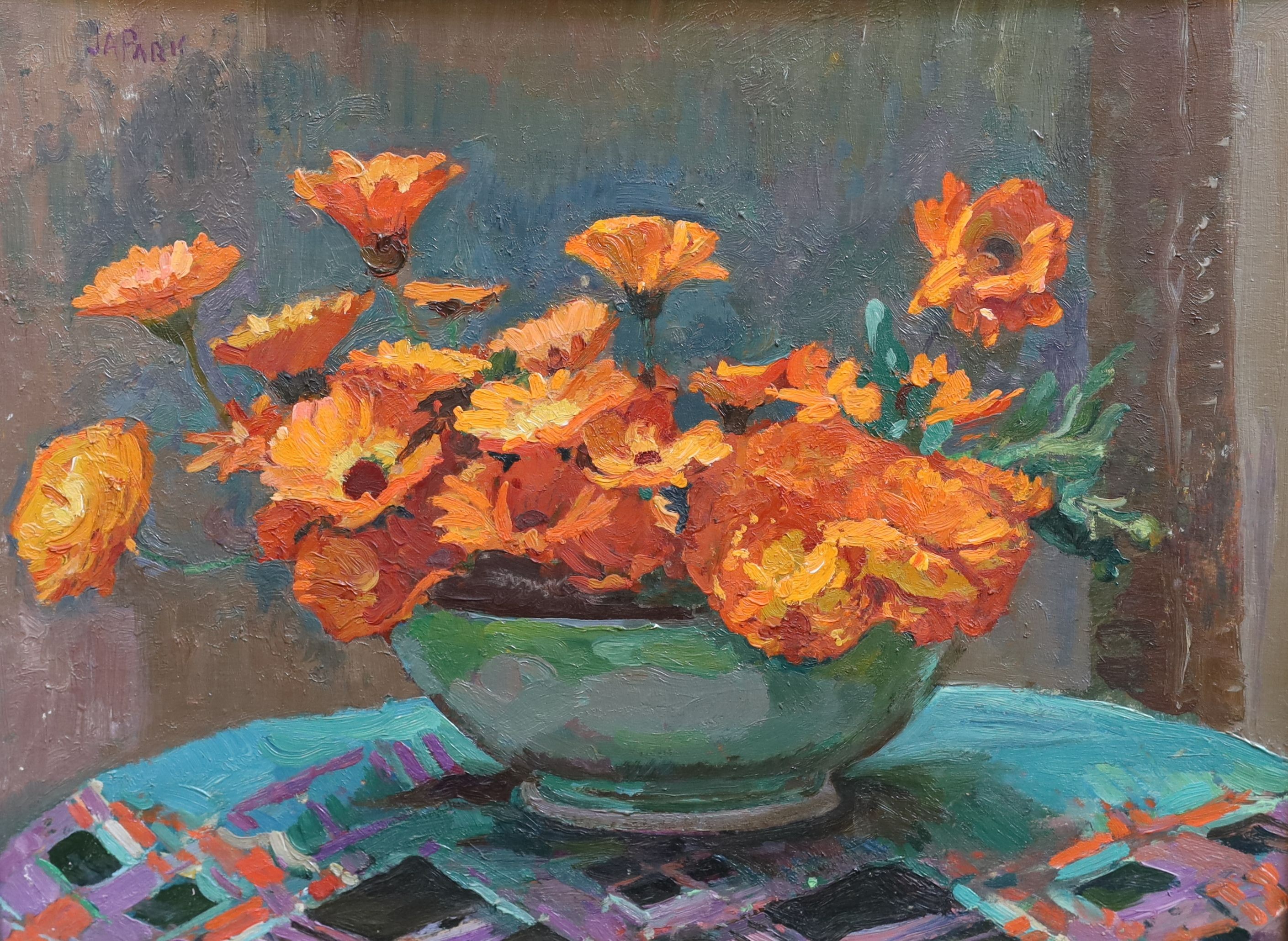 John Anthony Park (1878-1962), Still life of marigolds in a green bowl, oil on board, 29 x 39.5cm                                                                                                                           