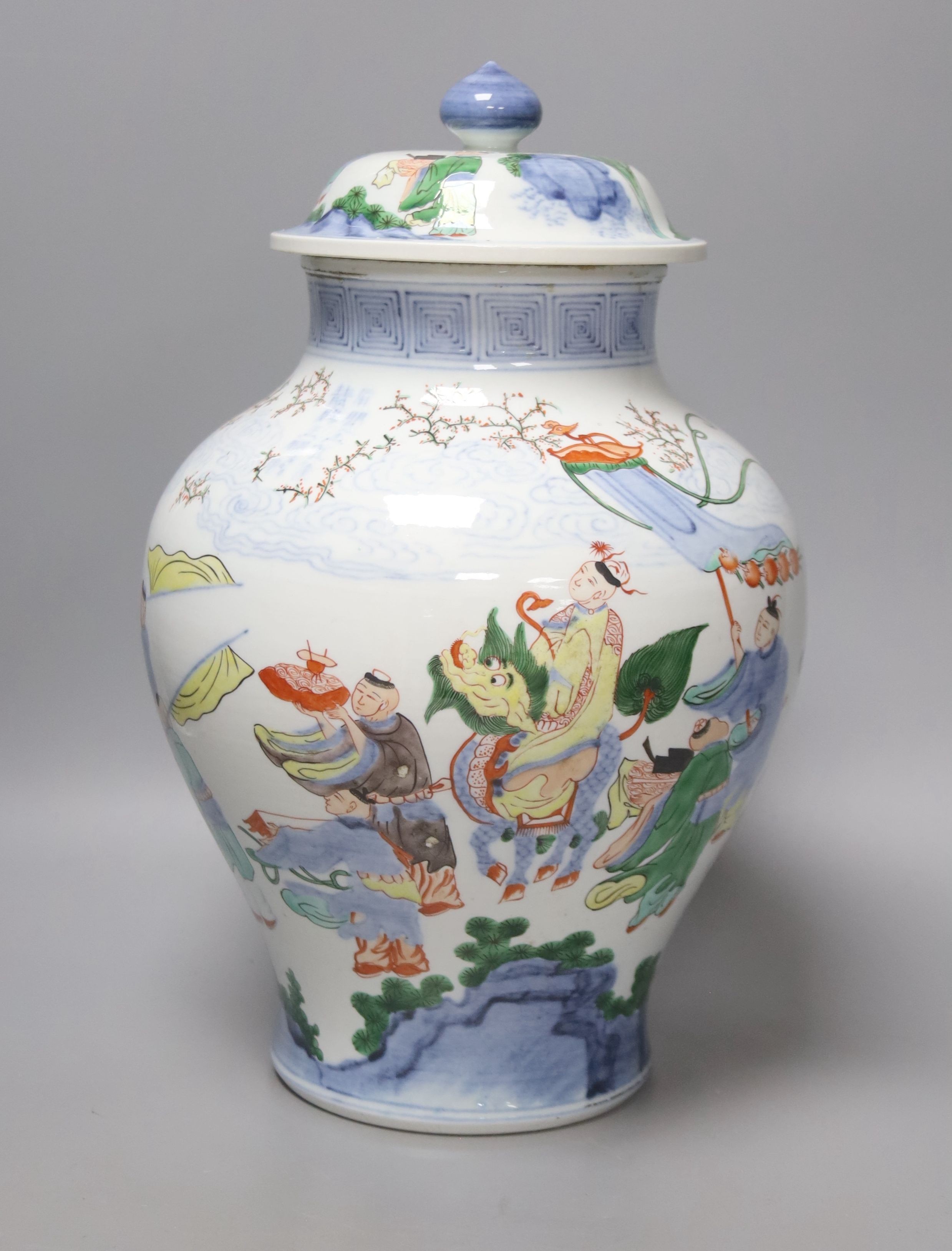 A Chinese wucai jar and cover, height 38cm                                                                                                                                                                                  