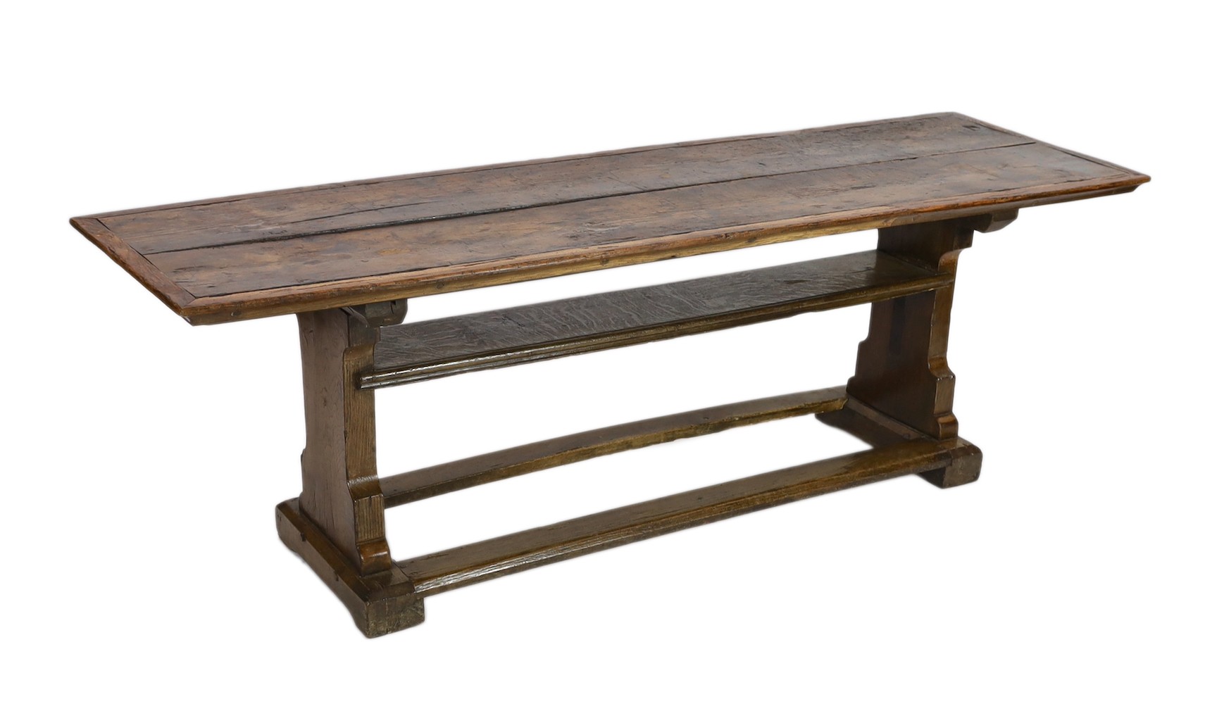 SOLD A narrow oak refectory table, part 17th century, 232 x 67cm, height 74cm                                                                                                                                               