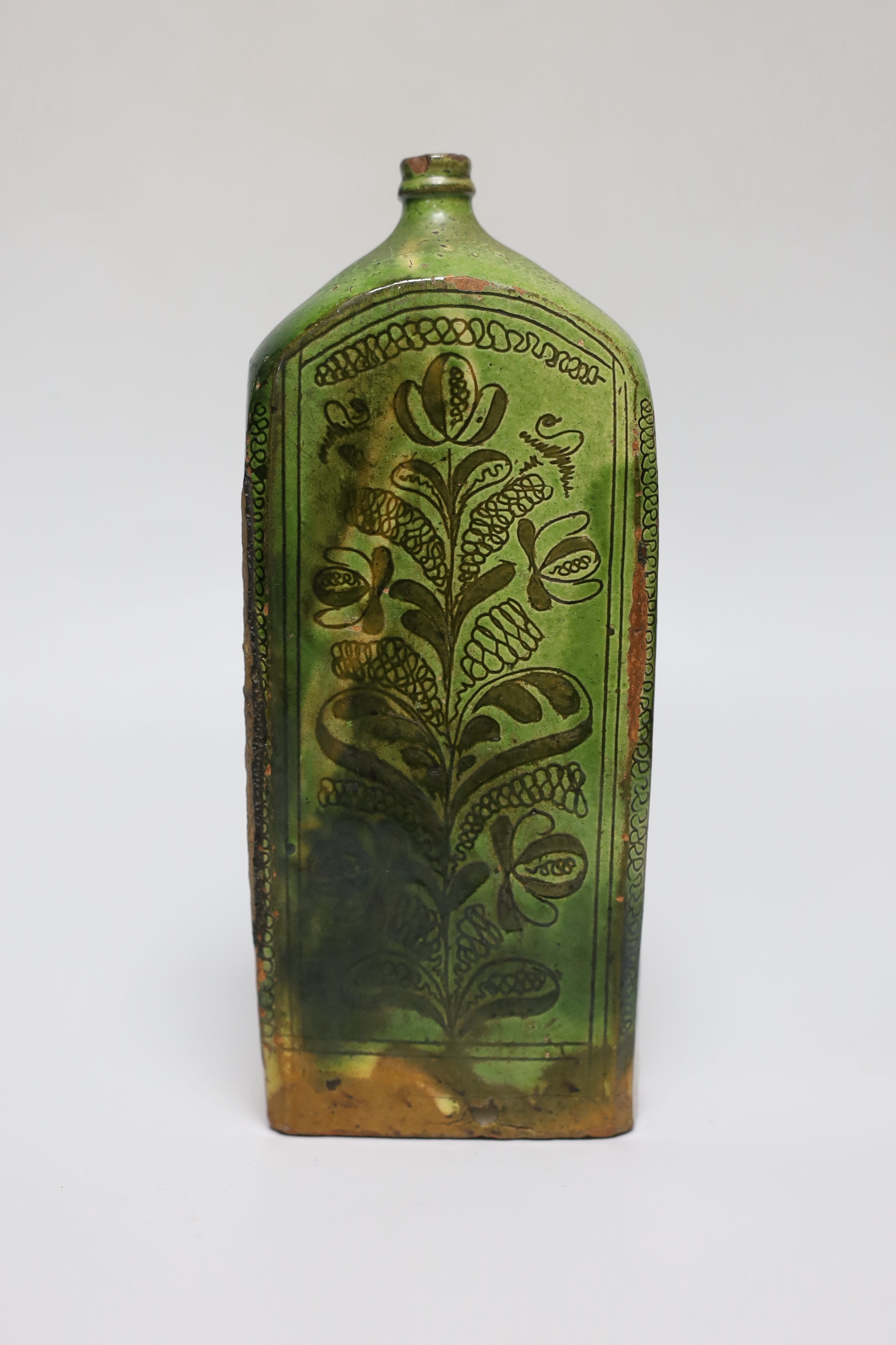 A 19th century green glazed terracotta Sgraffito flask, 19cm                                                                                                                                                                
