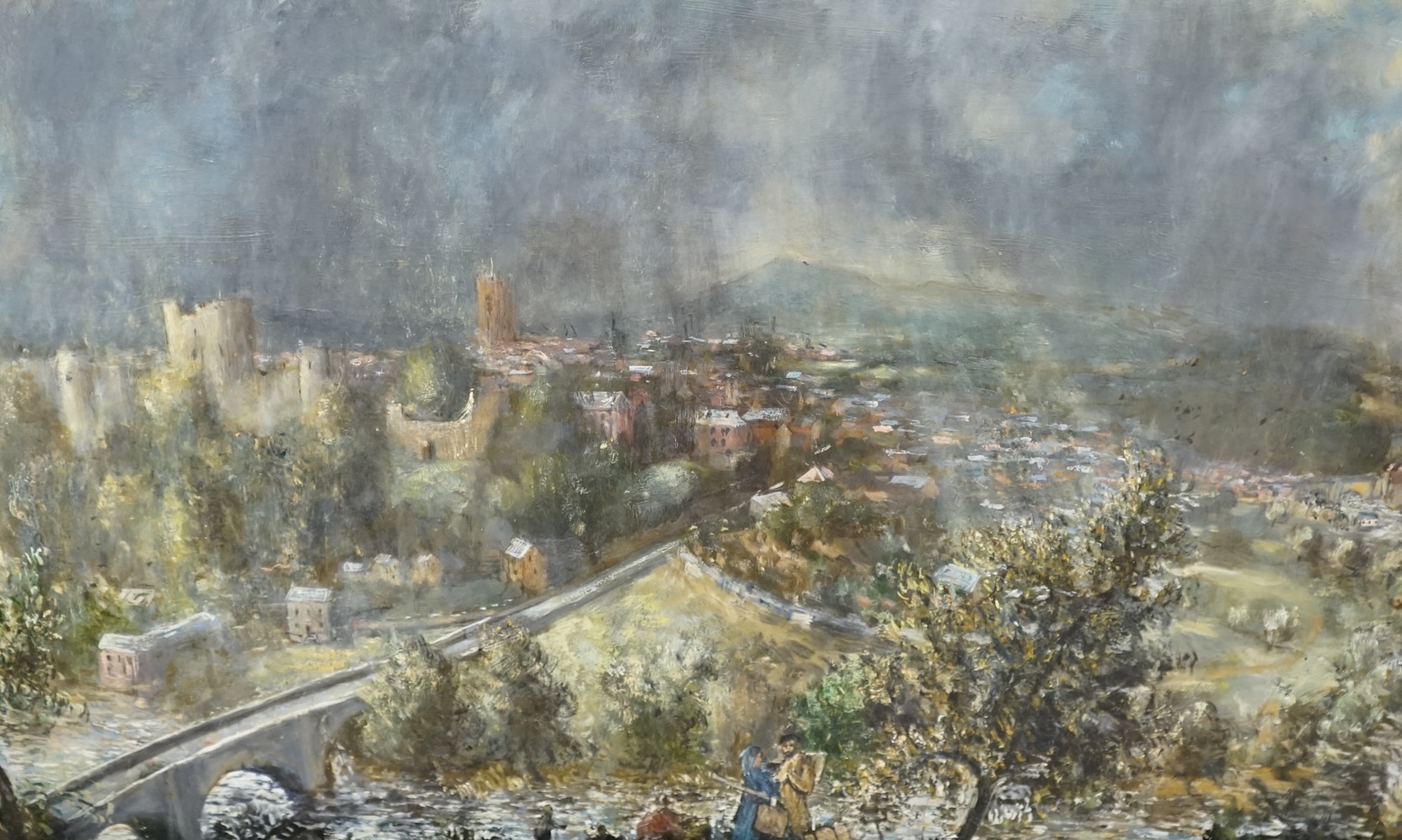 Anthony Kerr (b.1924), oil on board, panoramic view of Ludlow, signed, 59 x 90cm. Condition - fair, loose within the frame                                                                                                  