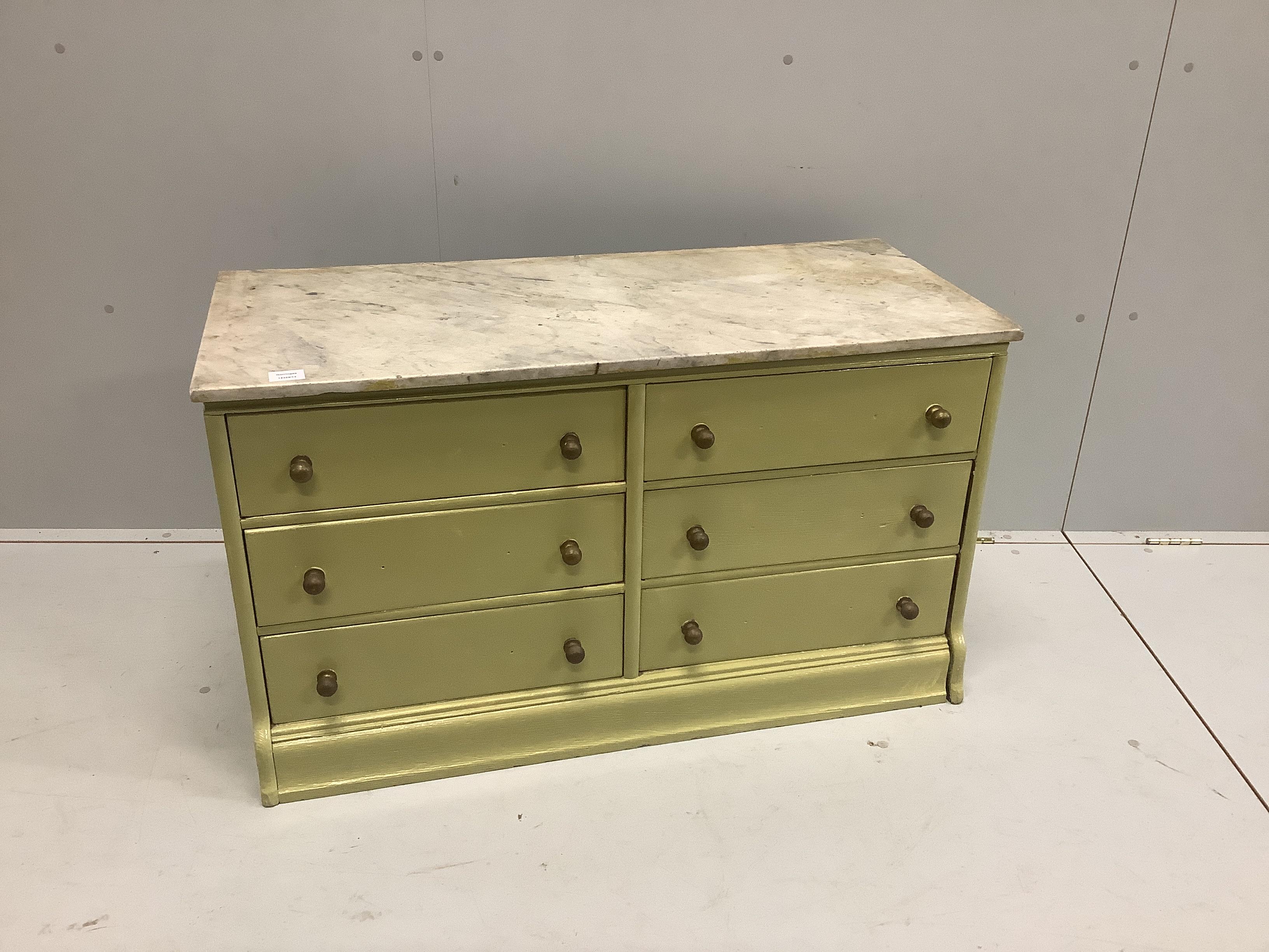 A painted low six drawer marble top chest, width 107cm, depth 45cm, height 62cm                                                                                                                                             