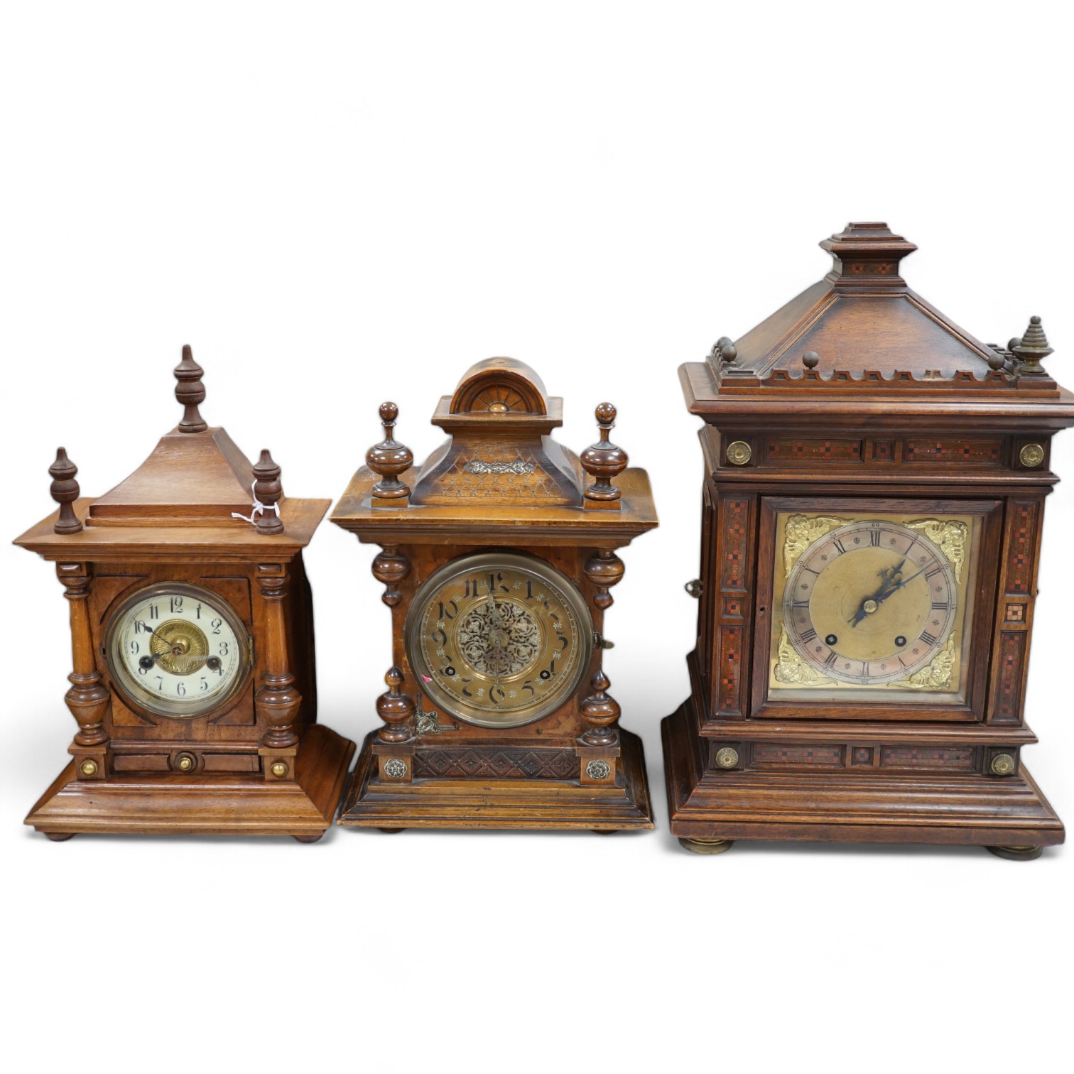 Three various late 19th century mantel clocks, tallest 50cm. Condition - fair. Not tested as working                                                                                                                        