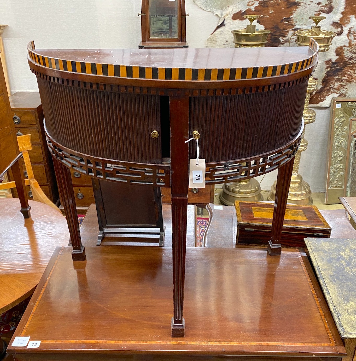 A George III mahogany D shaped tambour side cabinet, width 76cm, depth 38cm, height 75cm                                                                                                                                    