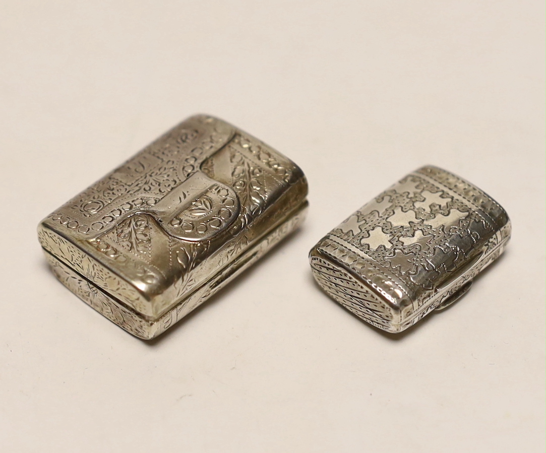 A George III silver vinaigrette, modelled as a satchel, Samuel Pemberton, Birmingham, 1816, 31mm, together with a smaller George III silver vinaigrette.                                                                    