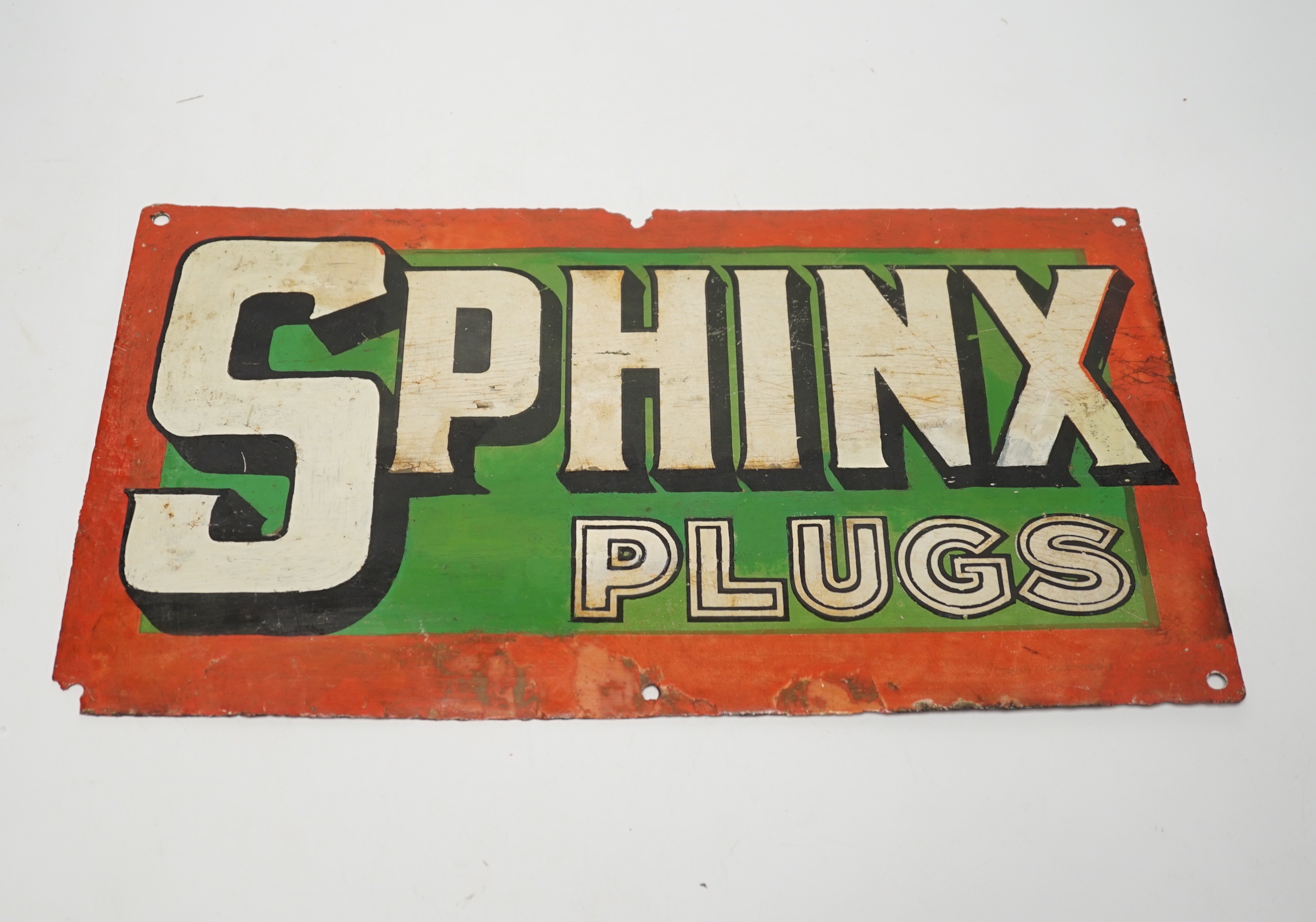 Three enamel advertising signs including BP Motor Spirit and Sphinx Plugs, largest 61cm wide                                                                                                                                