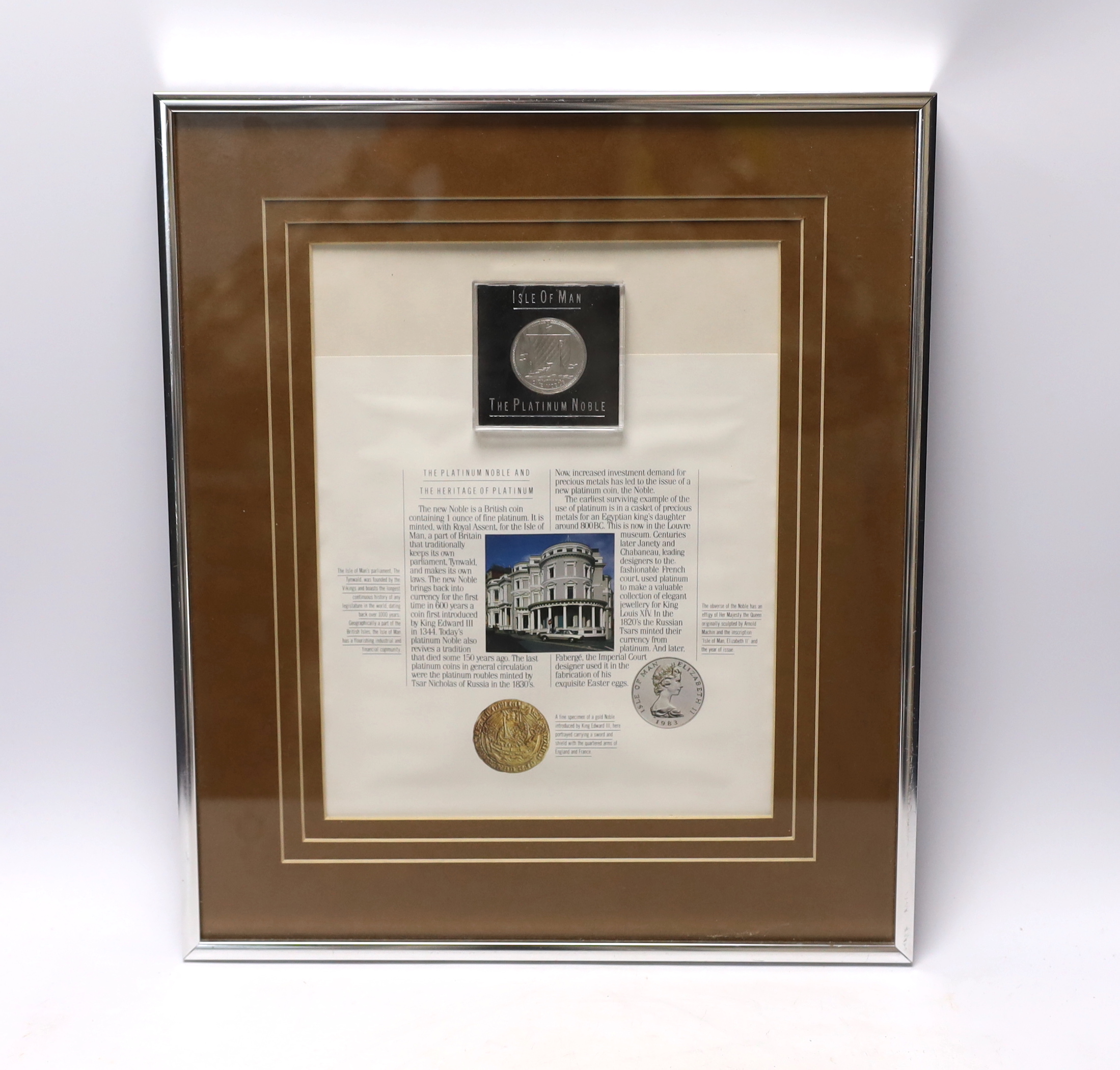 An Isle of Man 1oz. platinum one noble coin, framed display, 19.5cm x 24cm not including mount or frame                                                                                                                     