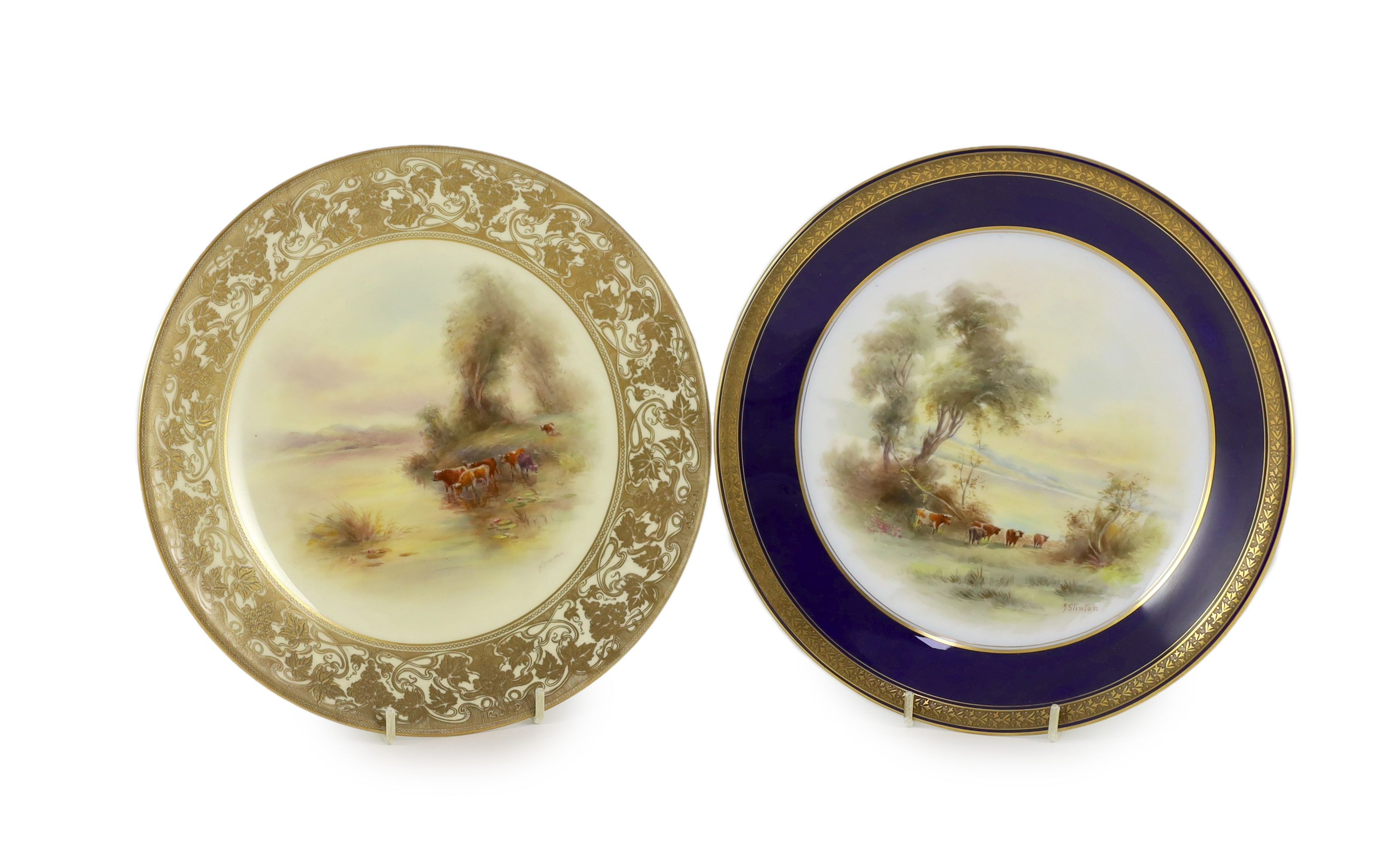 Two Royal Worcester Stinton painted ‘cattle at dusk’ plates, c.1912, 23 cm diameter                                                                                                                                         