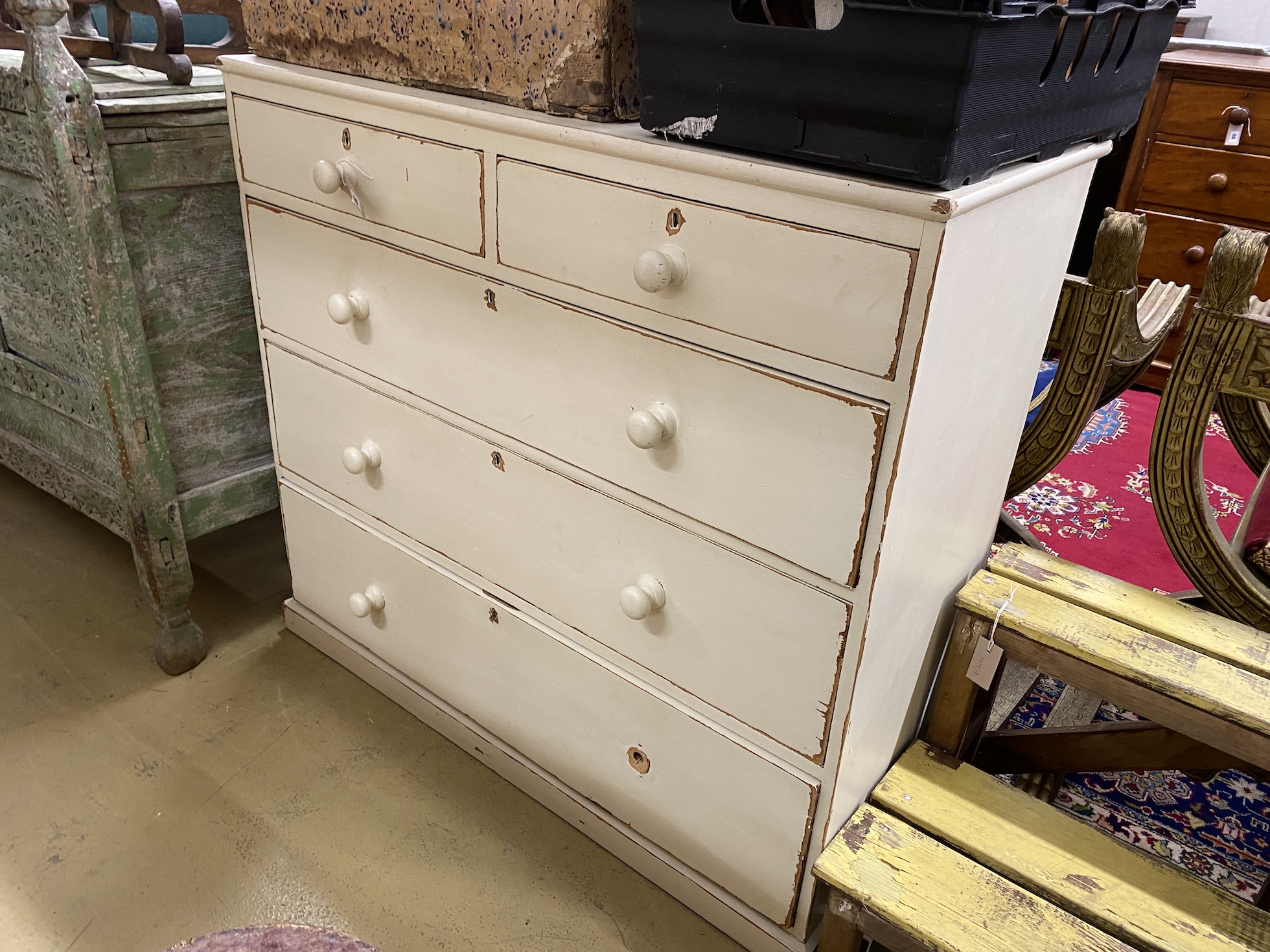 A Victorian pine five drawer chest, later painted, width 117cm, depth 50cm, height 107cm                                                                                                                                    