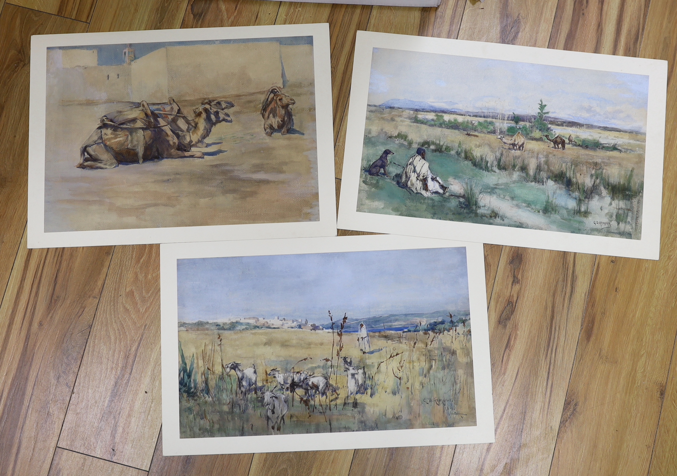 George Denholm Armour (1864-1949), three watercolours, North African scenes: goatherd, camel Herder and seated camels, one signed and dated 1891, another signed and inscribed, largest 32.5 x 47cm, unframed               