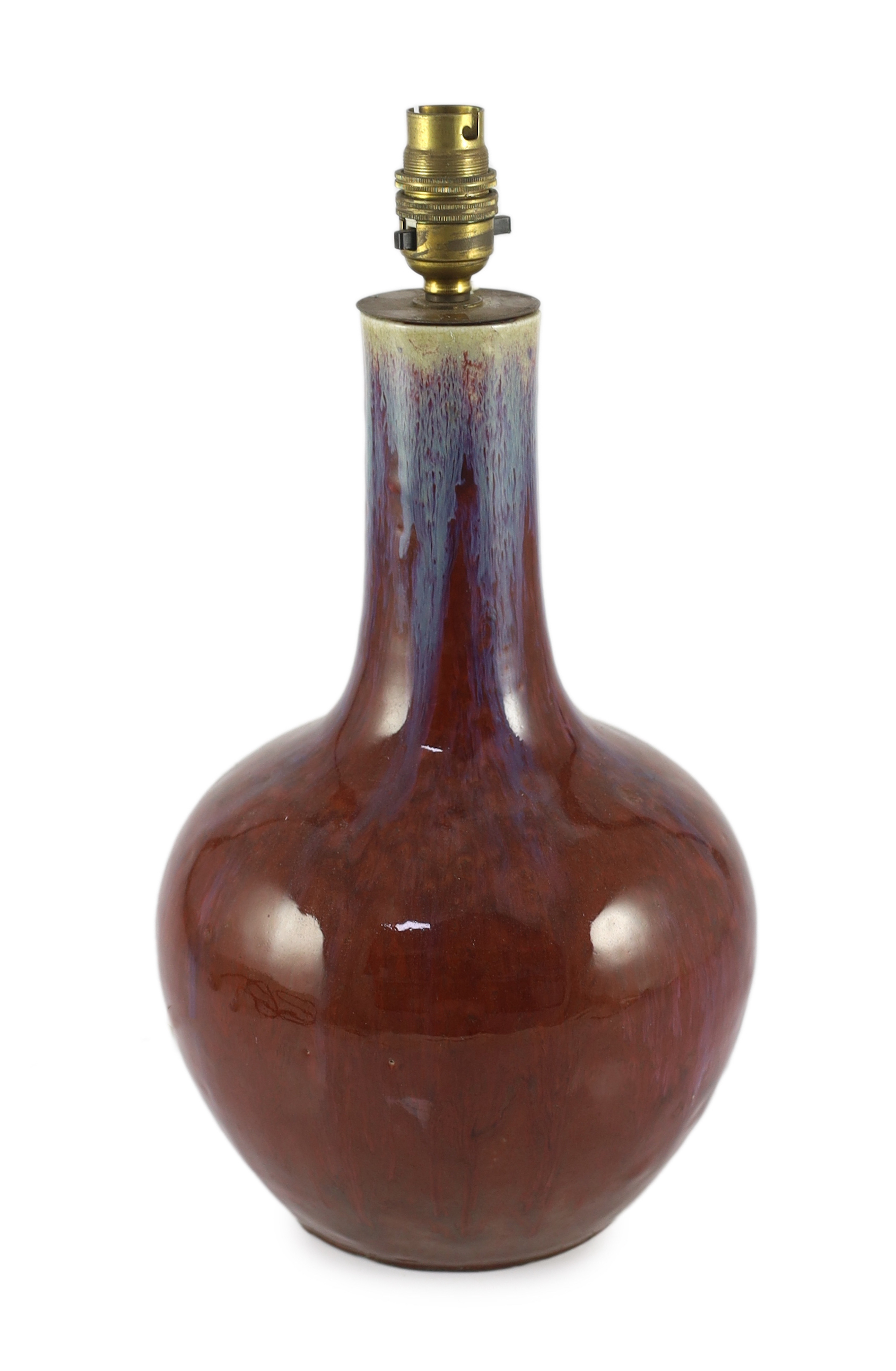 A Chinese flambé glazed bottle vase, tianqiuping, 18th/19th, mounted as a lamp                                                                                                                                              