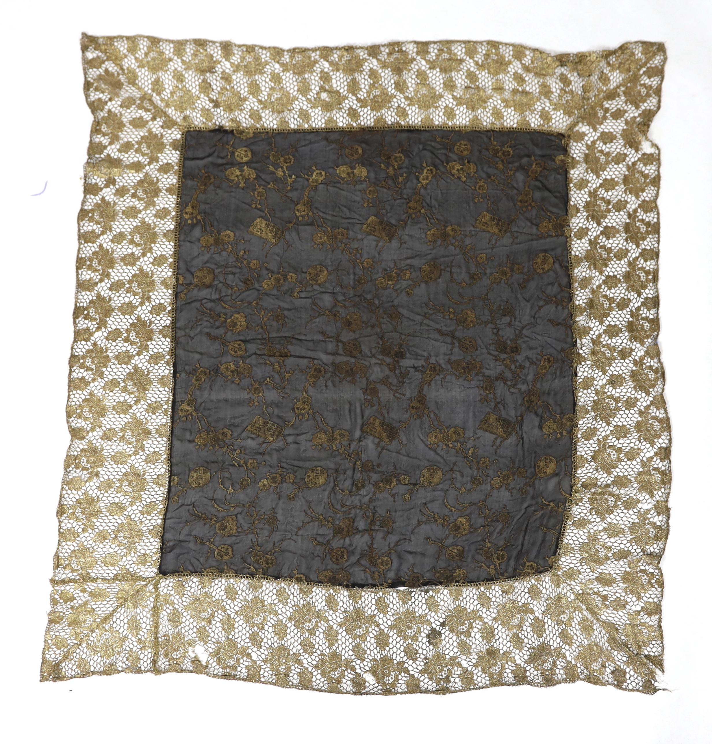 An unusual 1920's gold lace and black silk chiffon gold brocade boudoir cover, 140 x116cm                                                                                                                                   