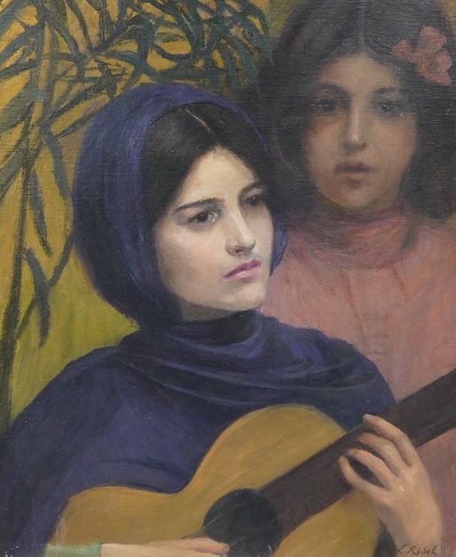 L. Riselz, oil on canvas, Spanish guitar player, signed, 55 x 47cm, unframed. Condition - good, some loss to paint at far edges                                                                                             