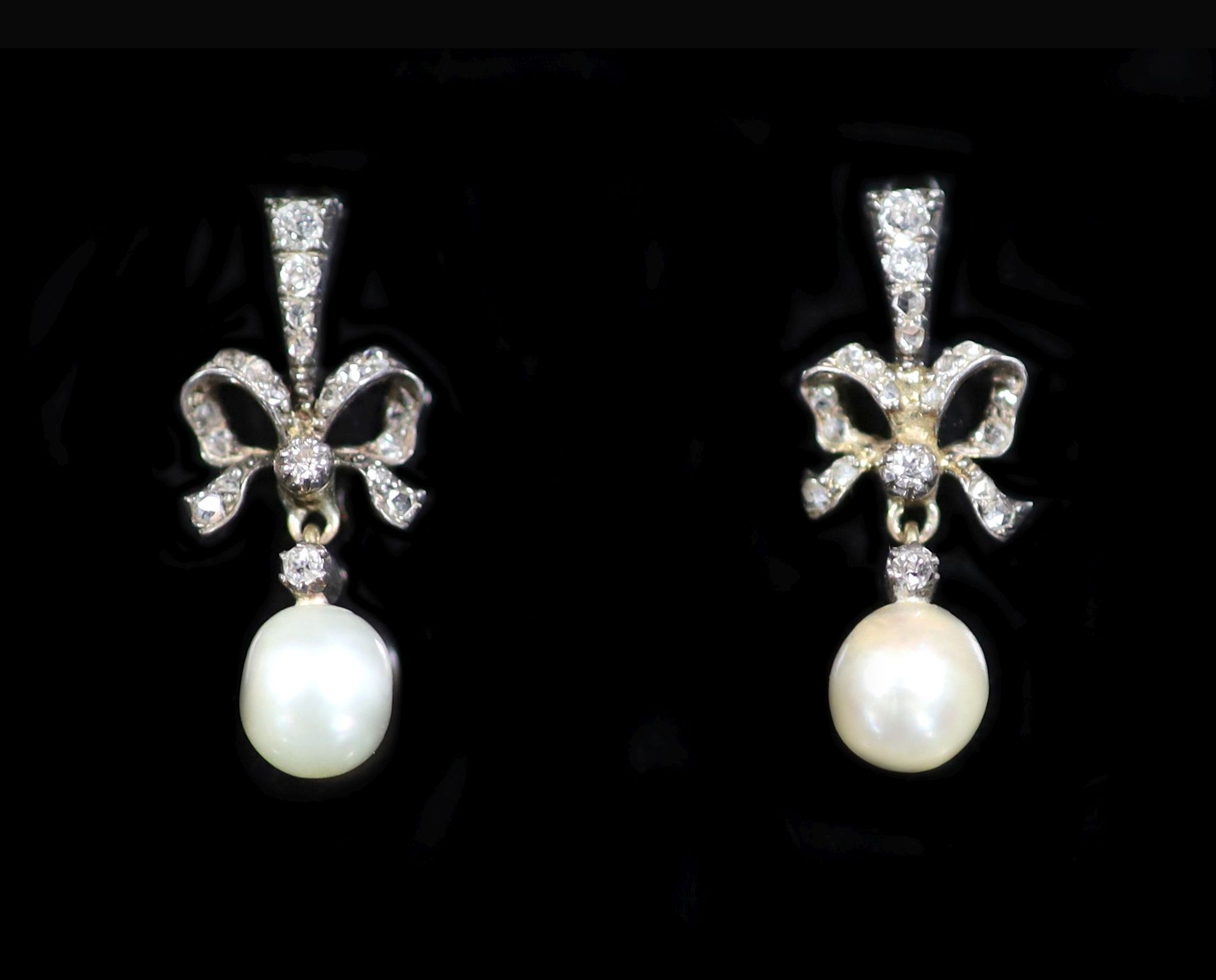 A pair of Victorian gold and silver, old round and rose cut diamond and pearl set drop earrings                                                                                                                             