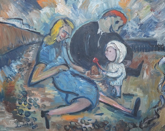 After Isherwood, oil on board, 'Homosapiens with young', 48 x 61cm. Condition - good                                                                                                                                        