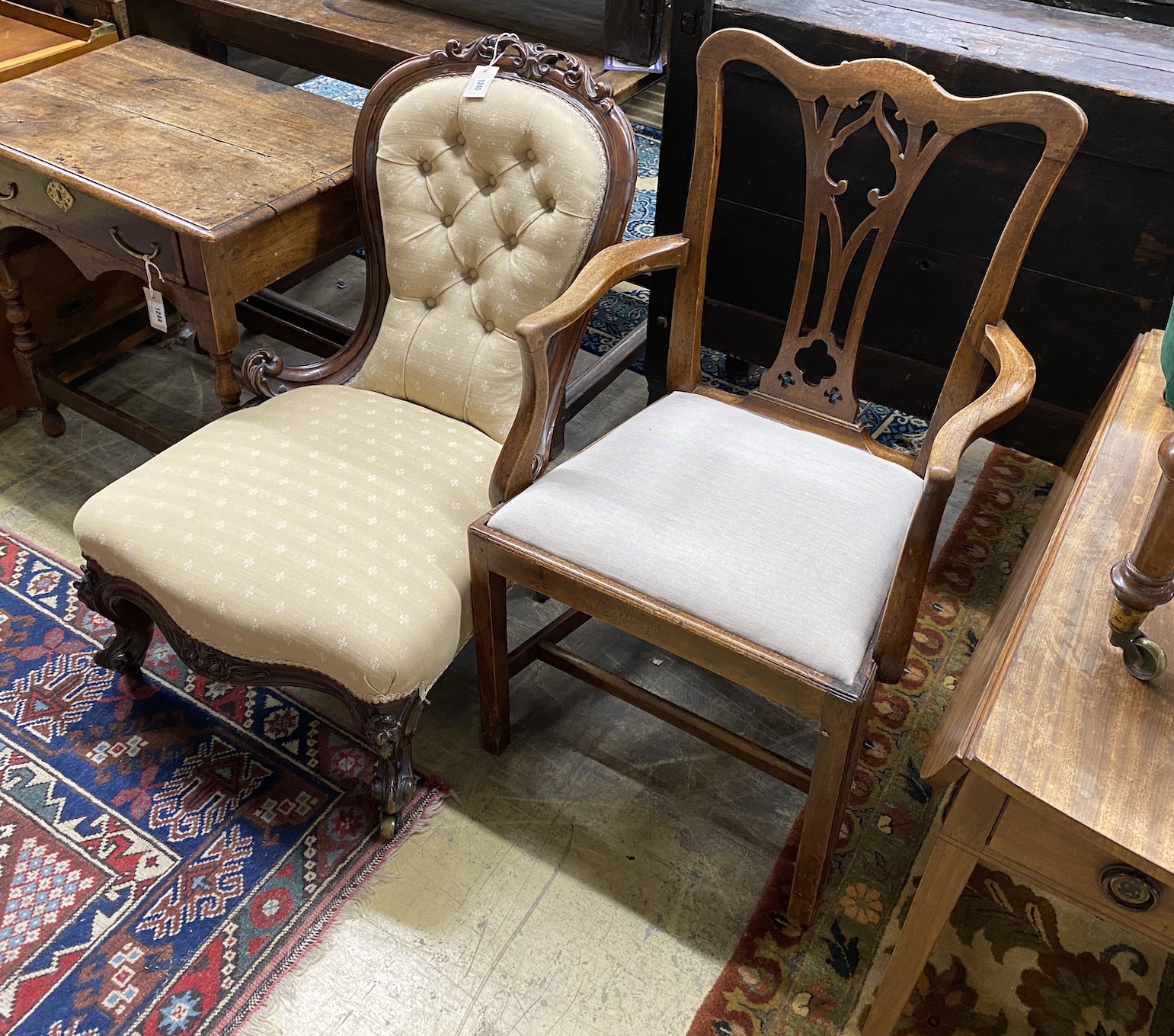 A Victorian mahogany spoon back nursing chair and a George III mahogany elbow chair                                                                                                                                         