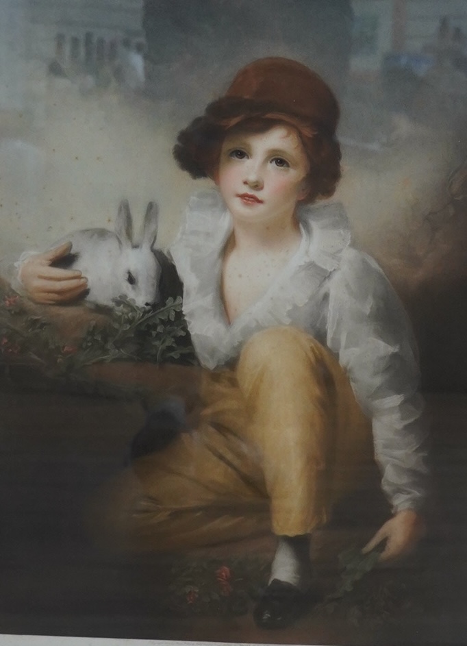 After Sir Henry Raeburn RA (Scottish, 1756-1823), mezzotint, 'The Boy with Rabbit', printed in colour by hand by N Jowett, published by Frost and Reed, 1923, signed in pencil, 50 x 39cm, gilt framed. Condition - poor    