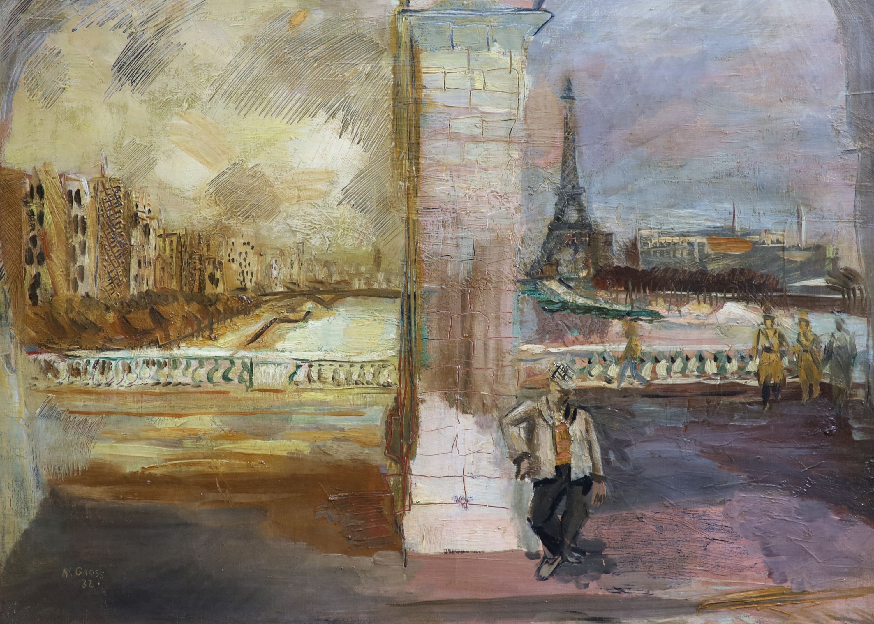 Anthony Gross (1905-1984), View of Paris with the Eiffel Tower, Oil on canvas, 53 x 72cm.                                                                                                                                   